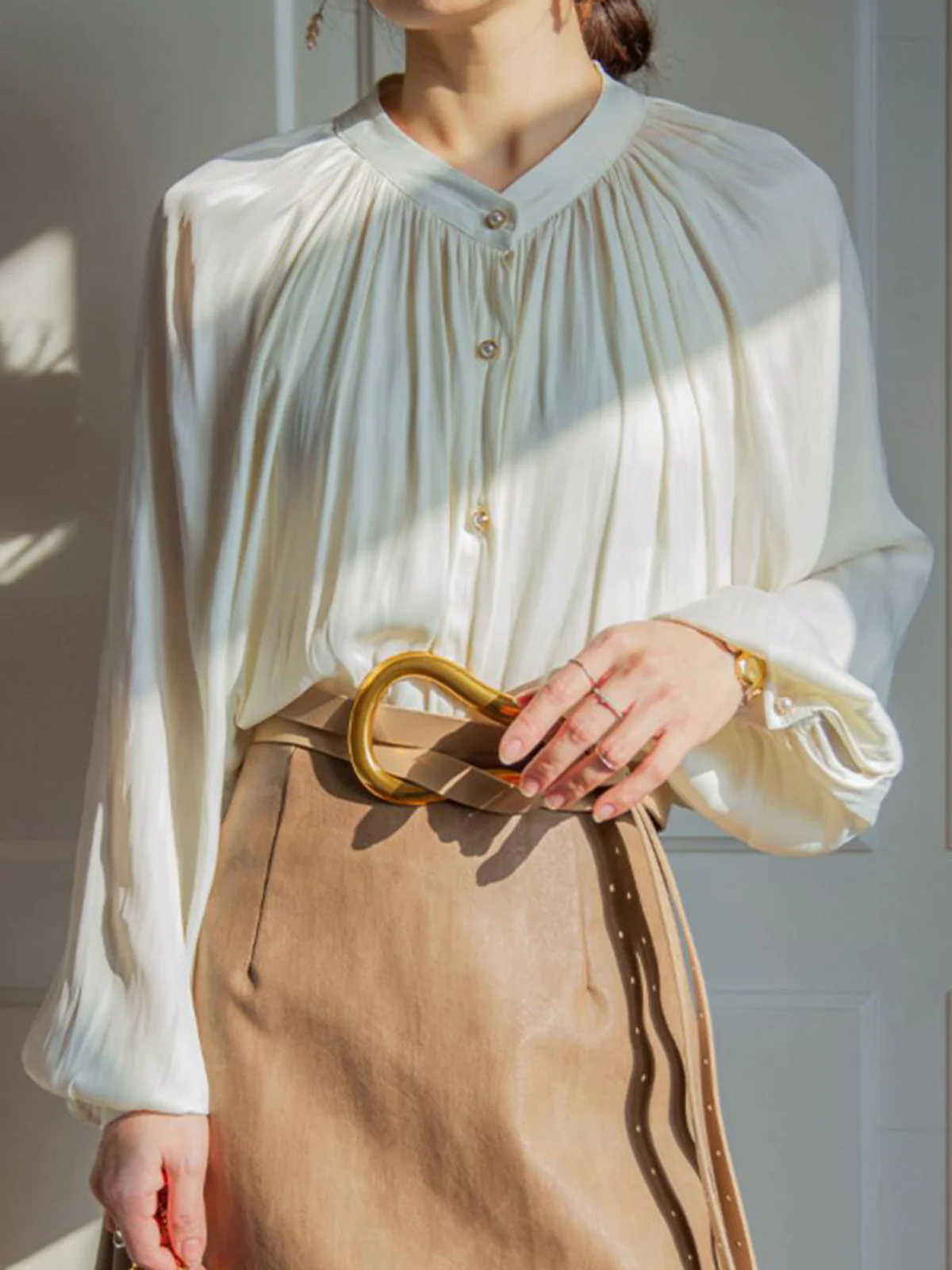 Pleated Collar Pearl Button Shirt - Takermore