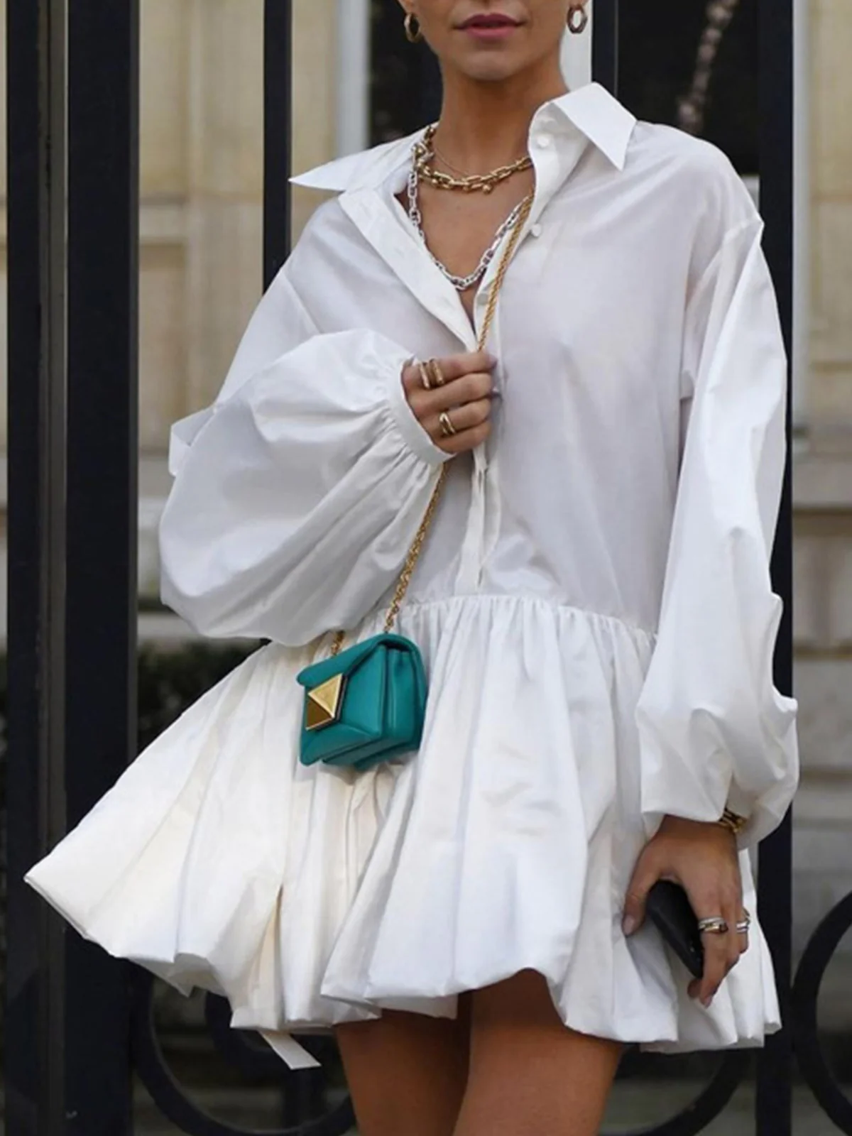 Pleated Long Sleeve Button Up Collar Mini Dress - Takermore