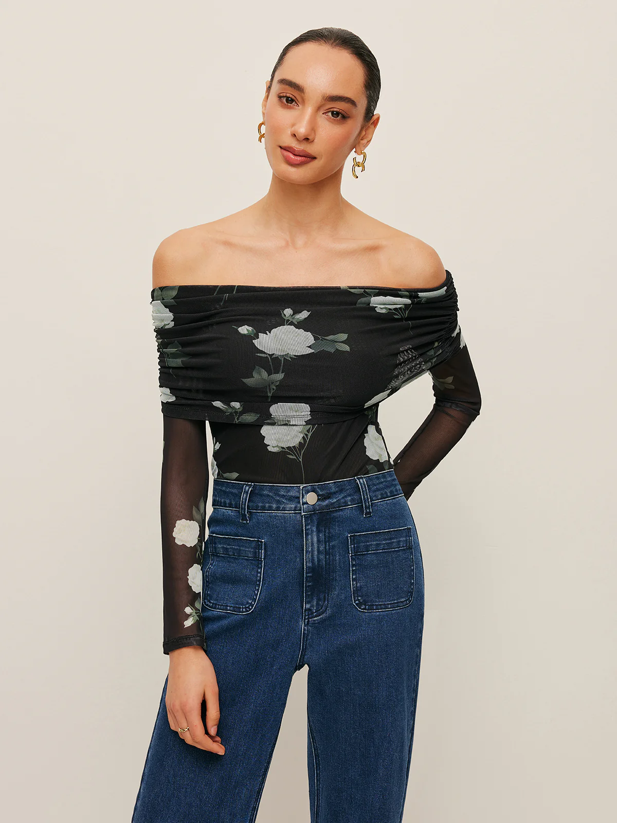 Semi-Sheer Floral Off-Shoulder Mesh Sleeve Top - Takermore