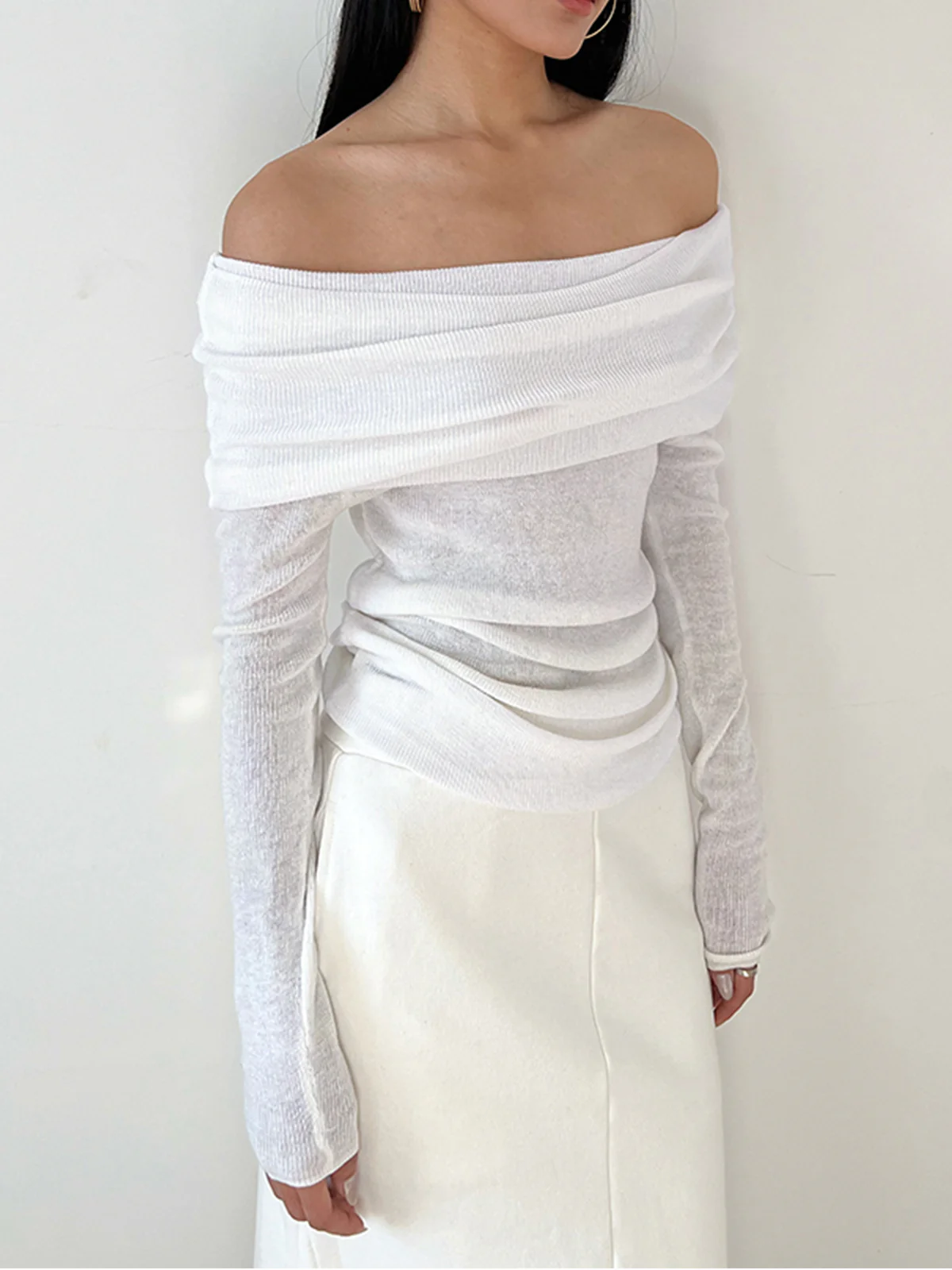 Semi-Sheer Overfold Off-Shoulder Shirt - Takermore