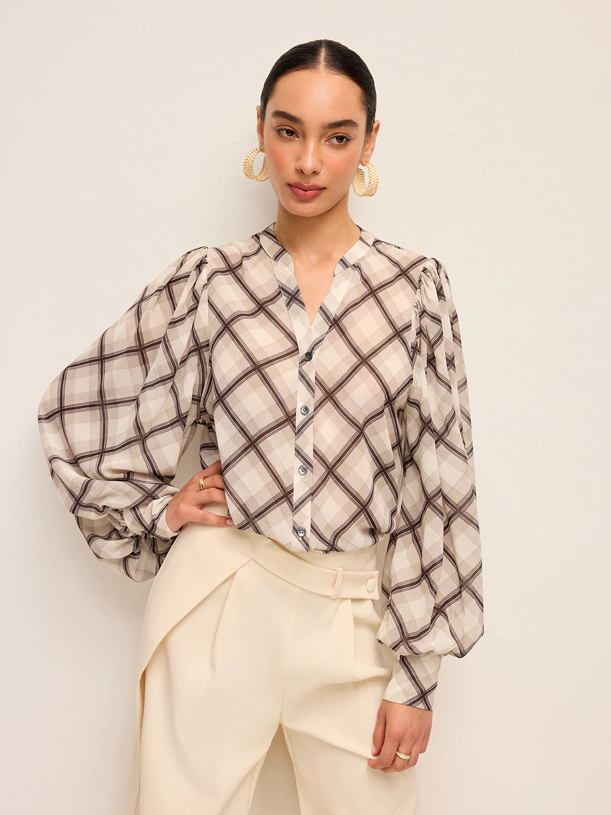 Long-Sleeve Plaid Chiffon Shirt With Neck-Tie Detail - Takermore