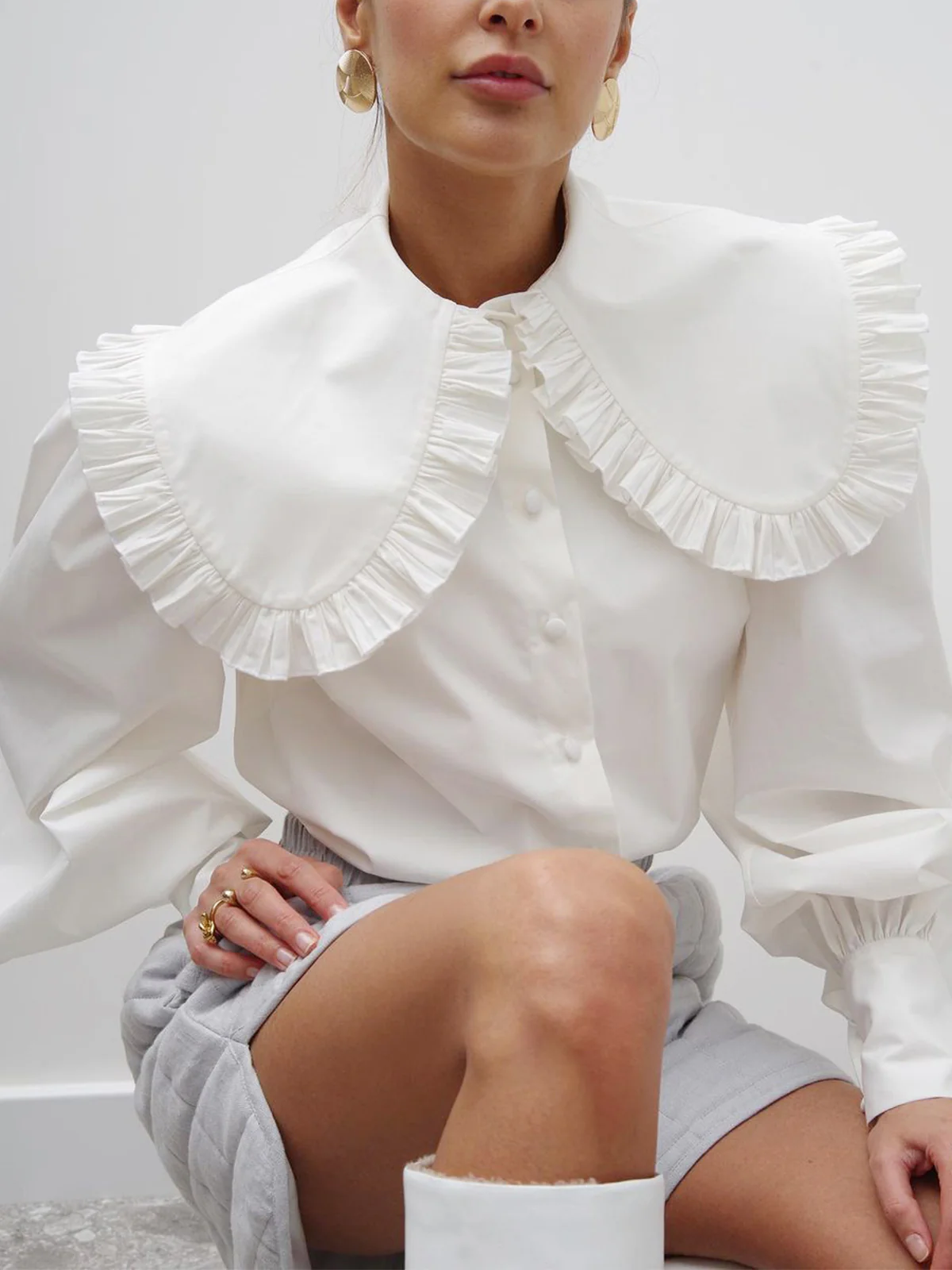 Ruffled Collar Long Sleeve Shirt - Takermore