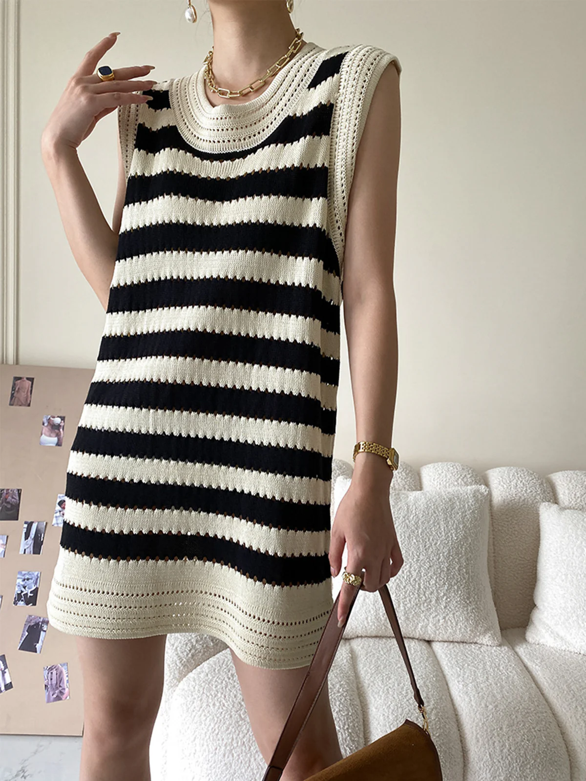 Eyelet Stripe Knit Short Dress - Takermore