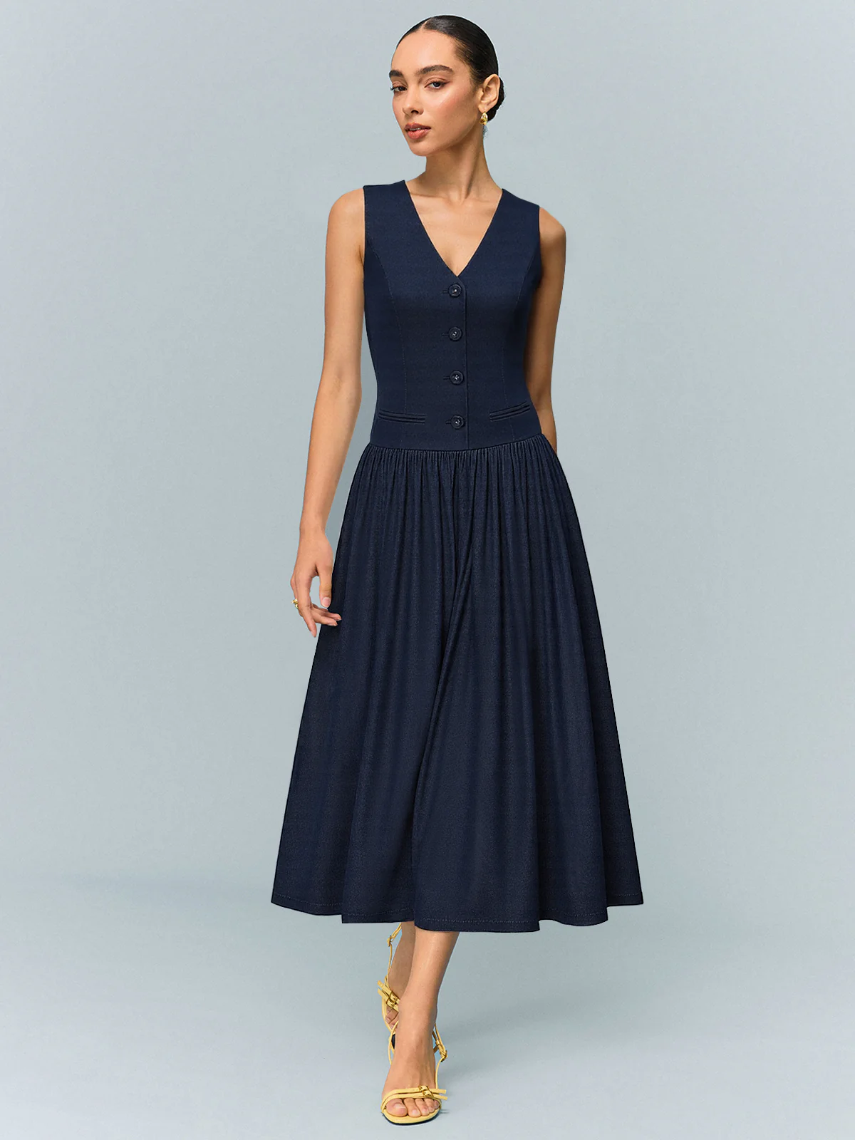 Denim V-Neck Ruched Midi Dress - Takermore