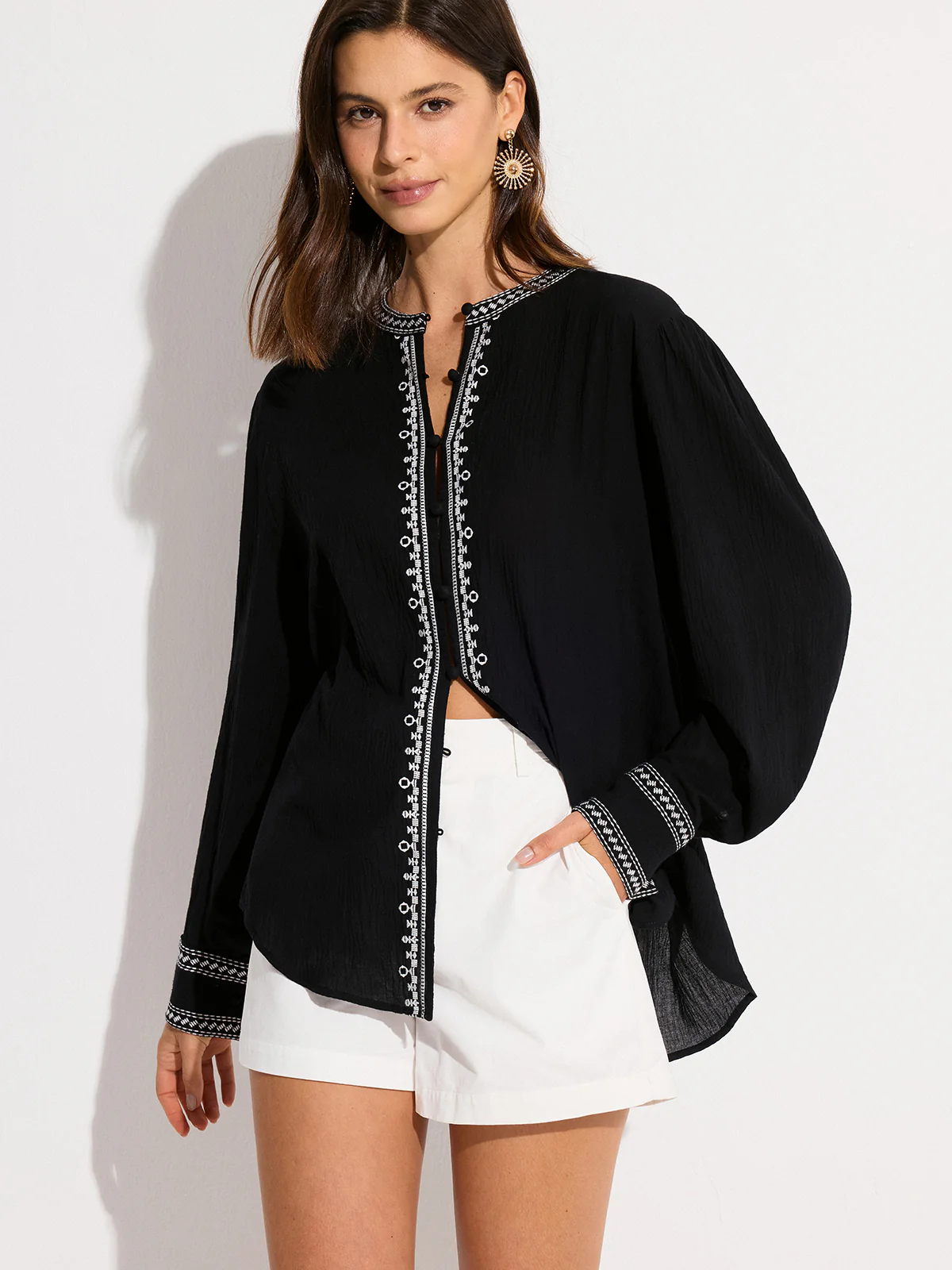 Oversized  Embroidered Trim Shirt - Takermore
