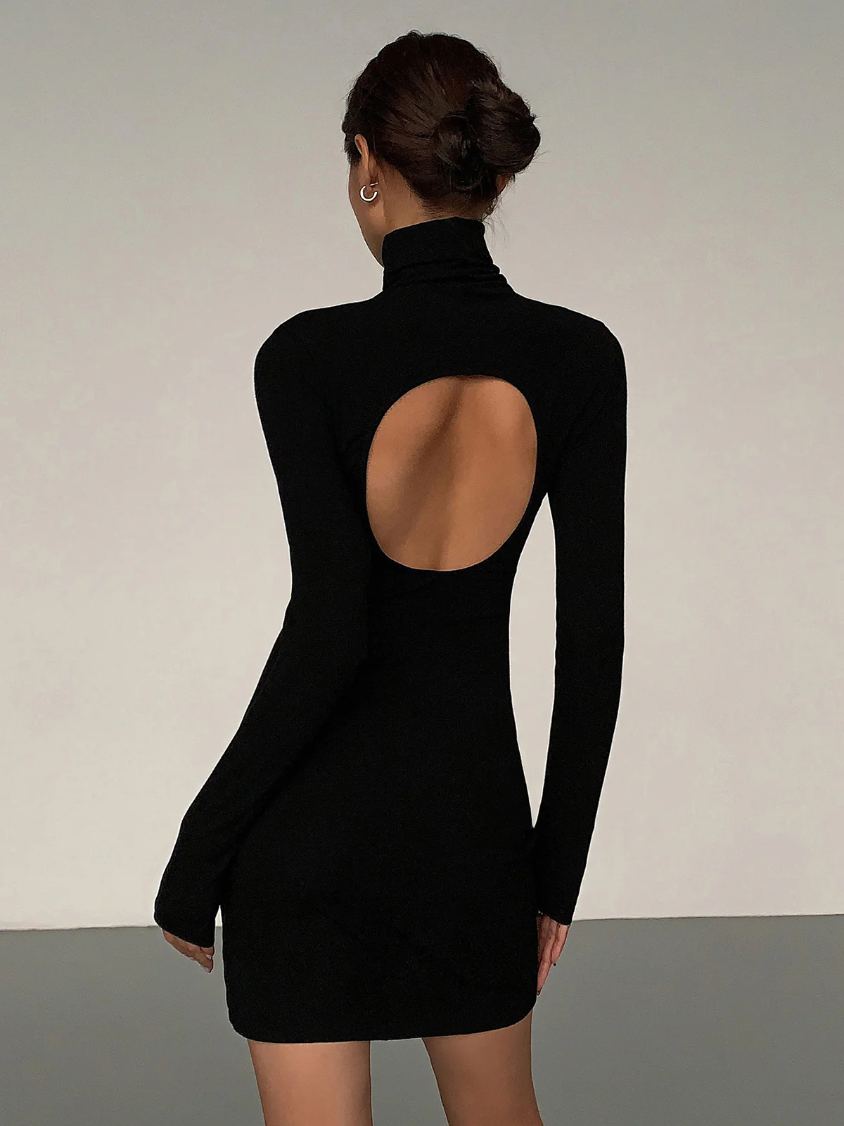 Turtleneck Open Back Long Sleeve Short Dress - Takermore