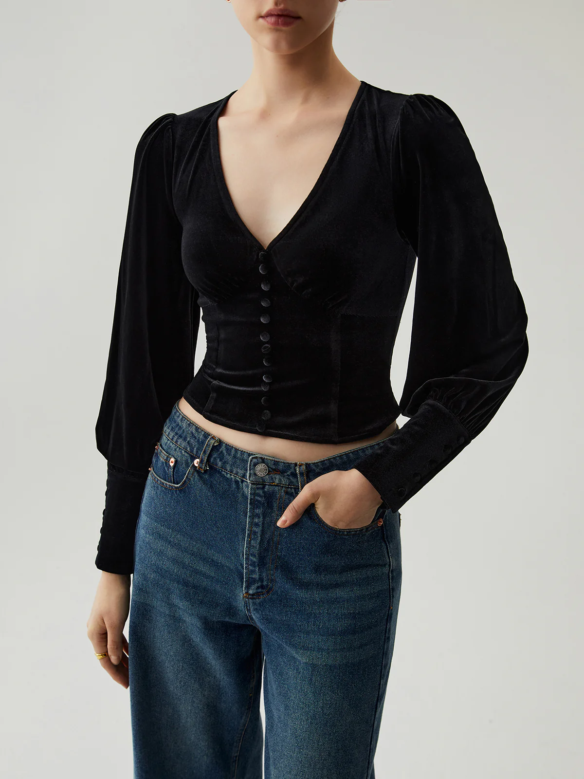 Velvet Buttoned V-neck Long Sleeve Crop Top - Takermore
