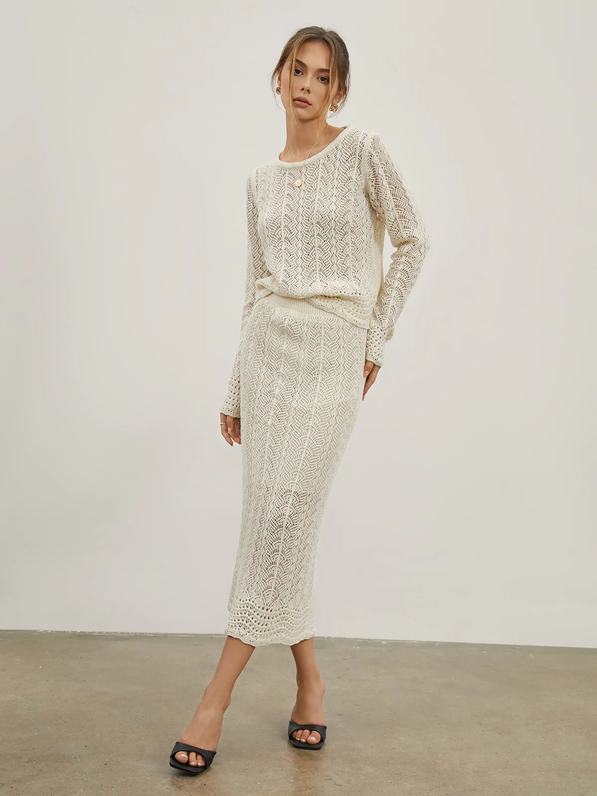 Eyelet Cable Knit Two Piece Skirt Set - Takermore
