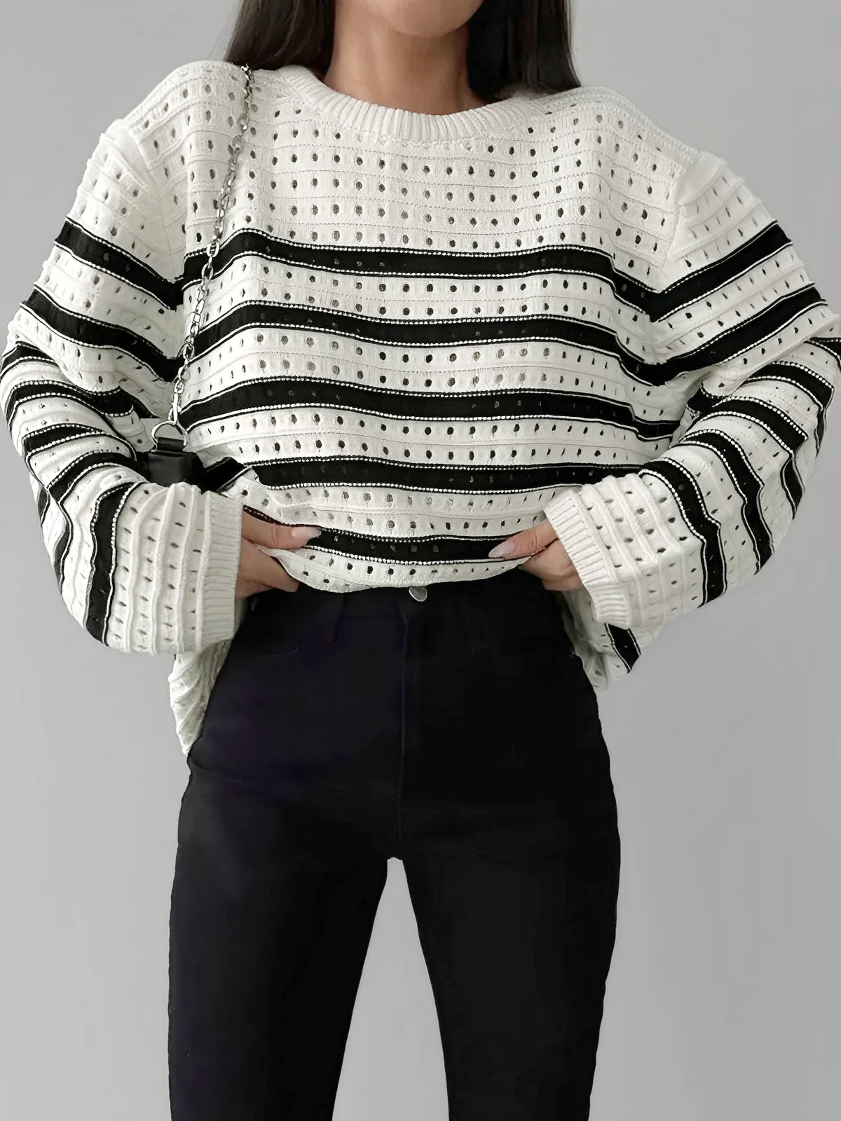 Know Your Worth Eyelet Stripe Sweater - Takermore