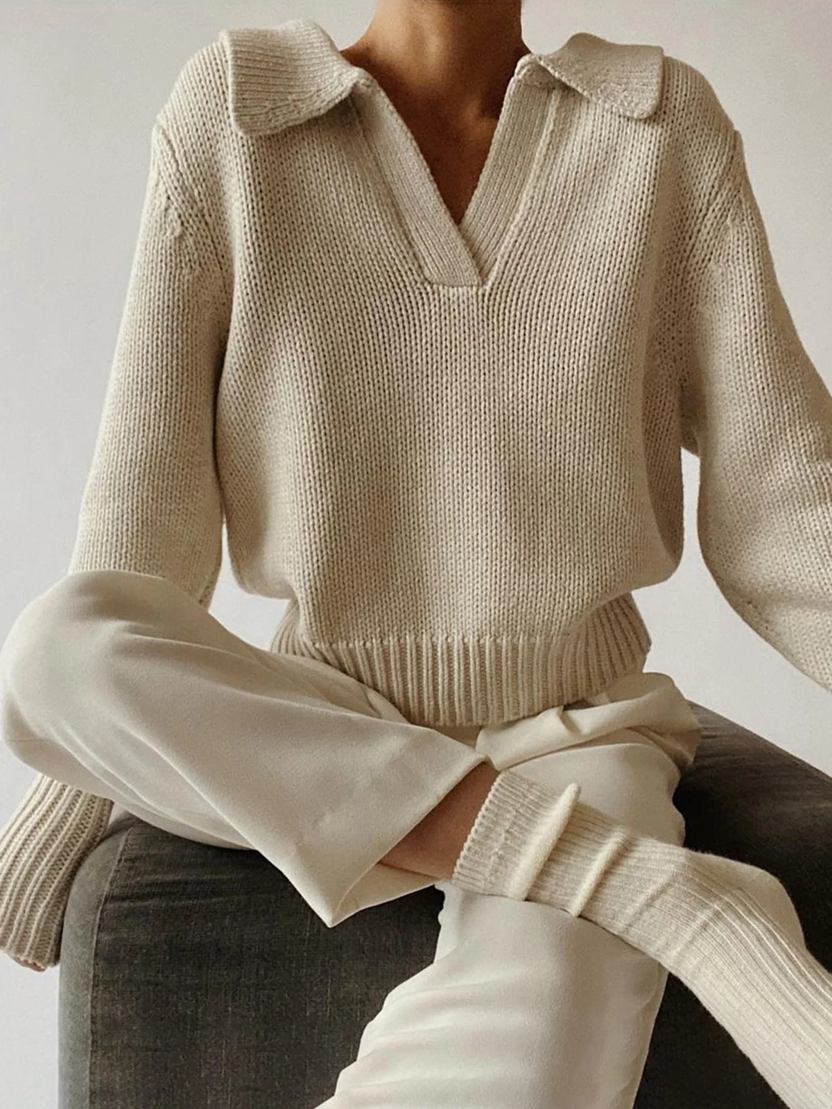 Lapel Ribbed Pullover Sweater - Takermore
