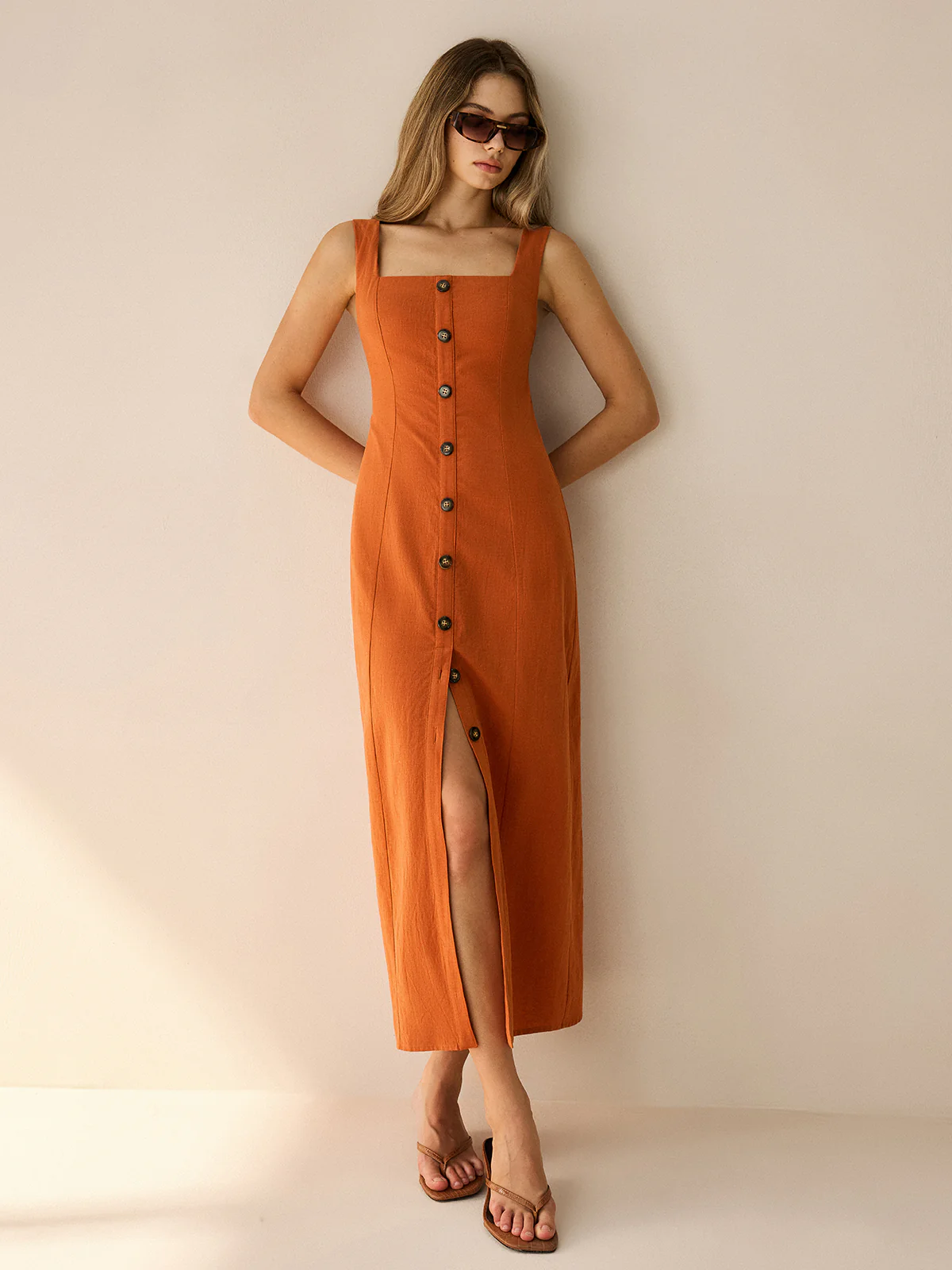 Square-Neck Button-Front Maxi Dress with Slit - Takermore