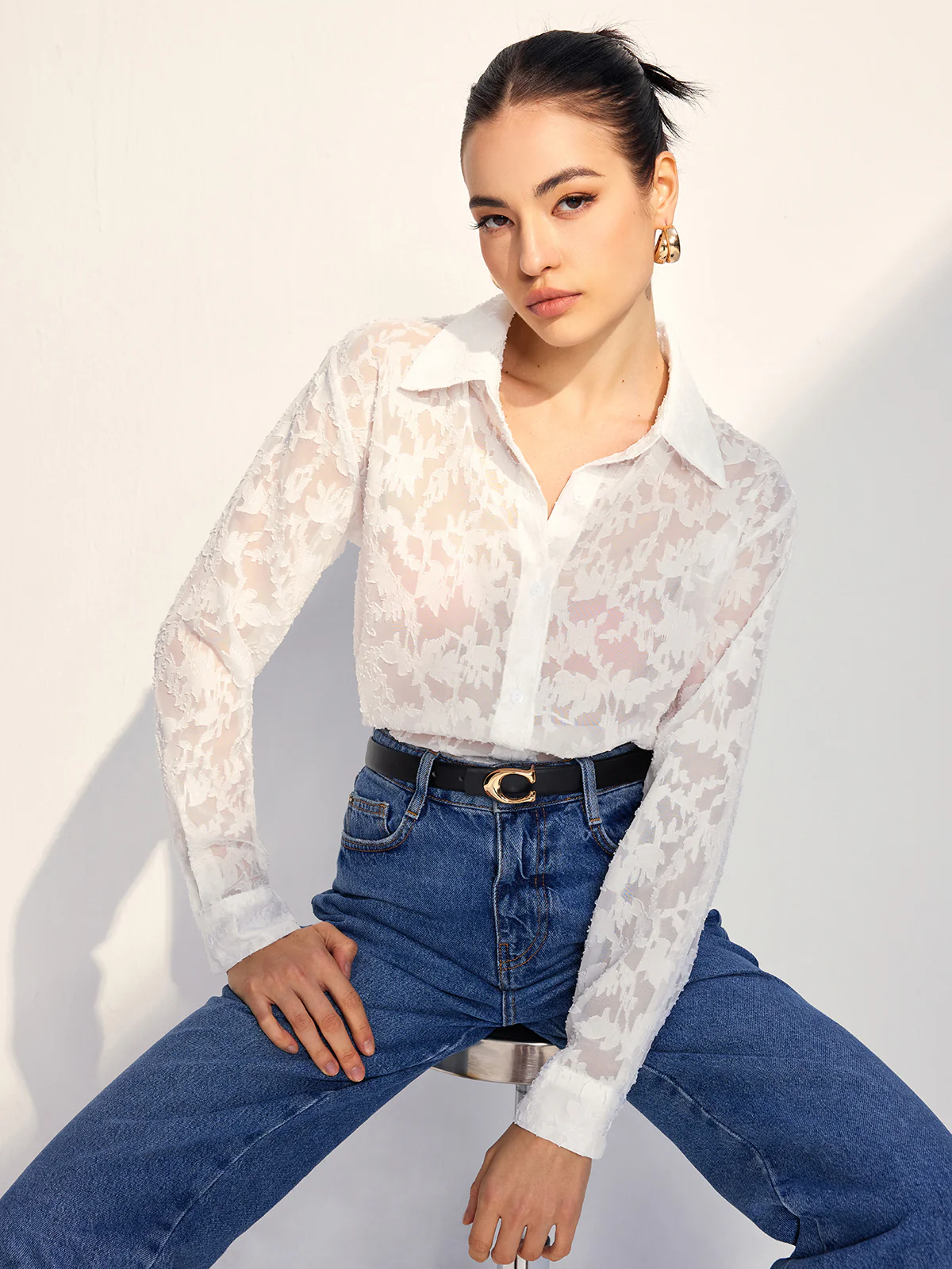 Semi-Sheer Jacquard Button Shirt - Takermore