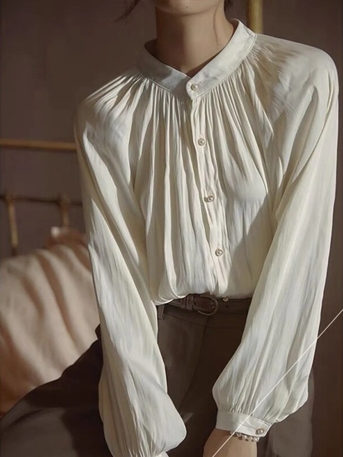 Pleated Collar Pearl Button Shirt - Takermore