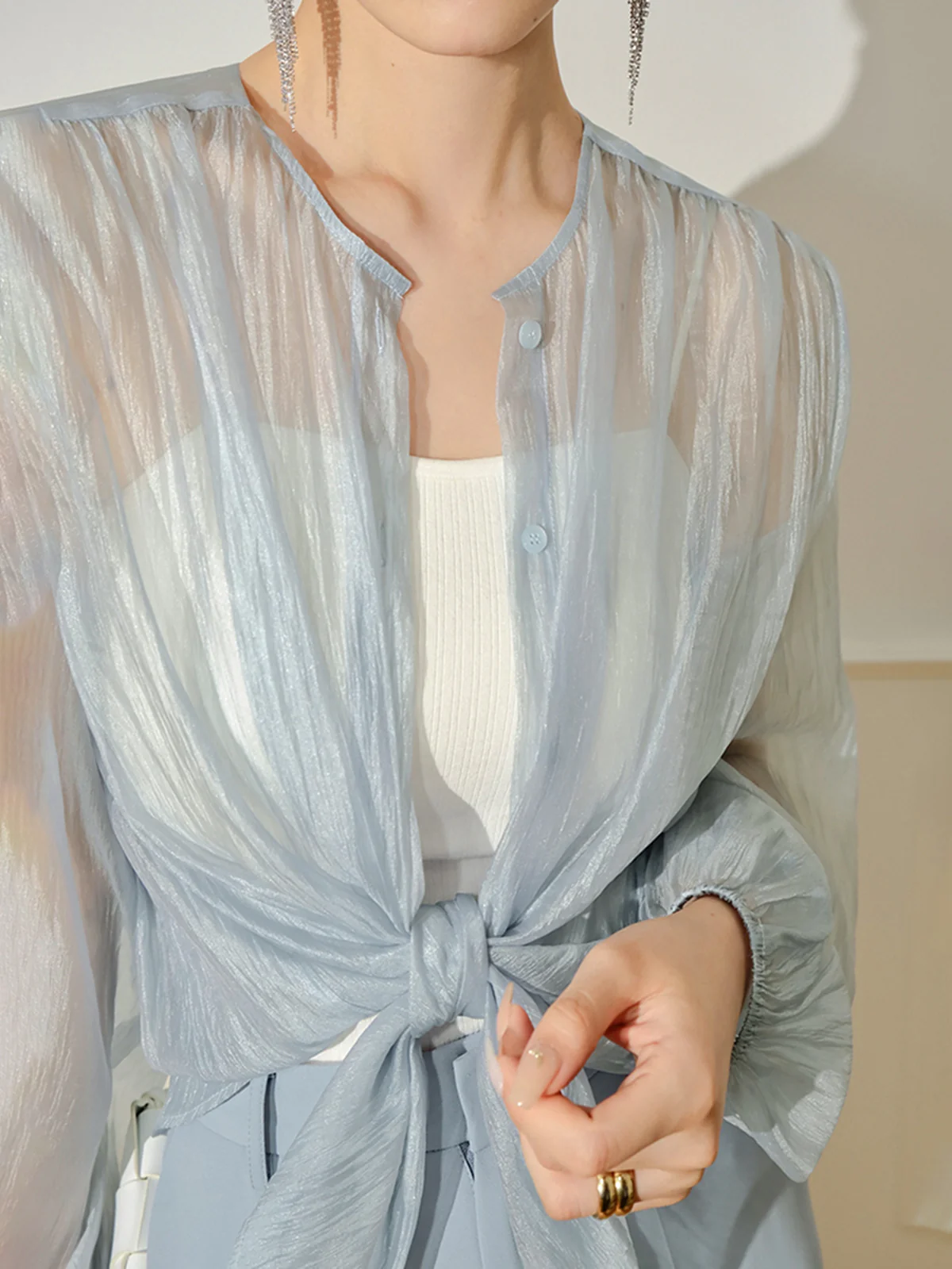 Semi-Sheer Through Long Sleeve Button Blouse - Takermore