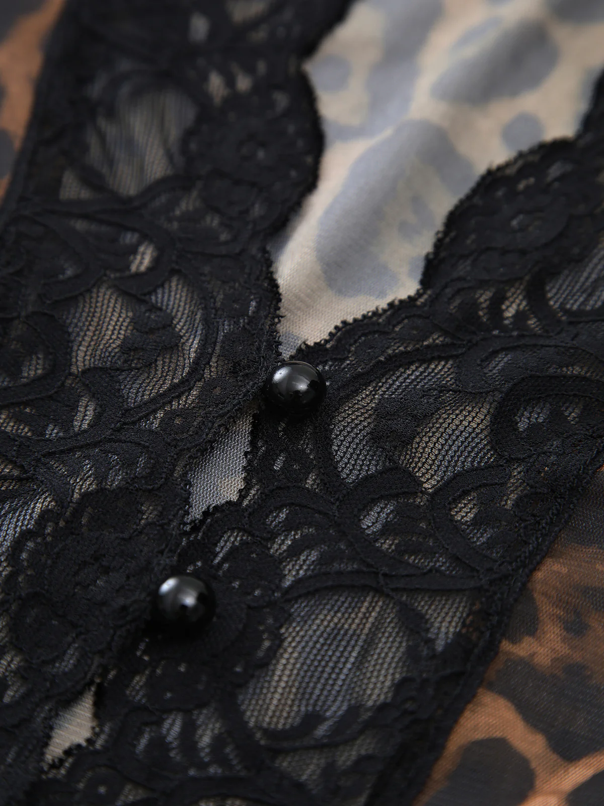 Sheer Leopard Print Long Sleeve Lace Trim Blouse - Takermore