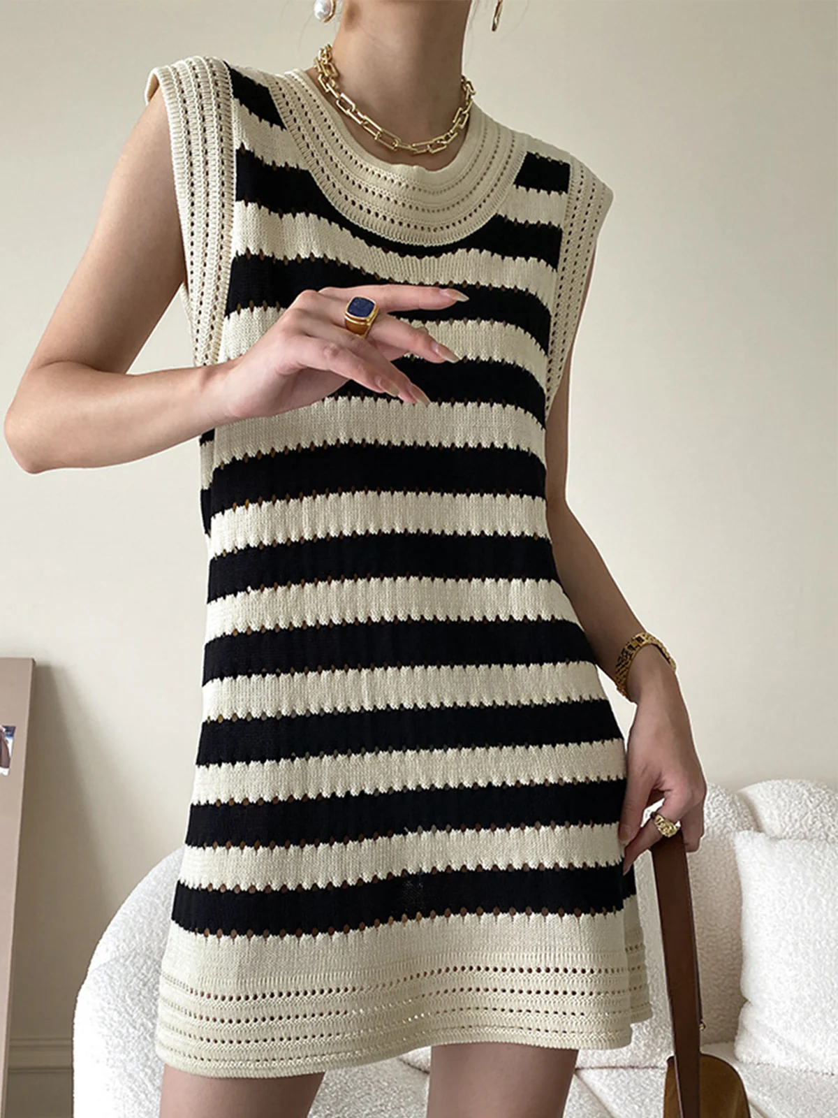 Eyelet Stripe Knit Short Dress - Takermore