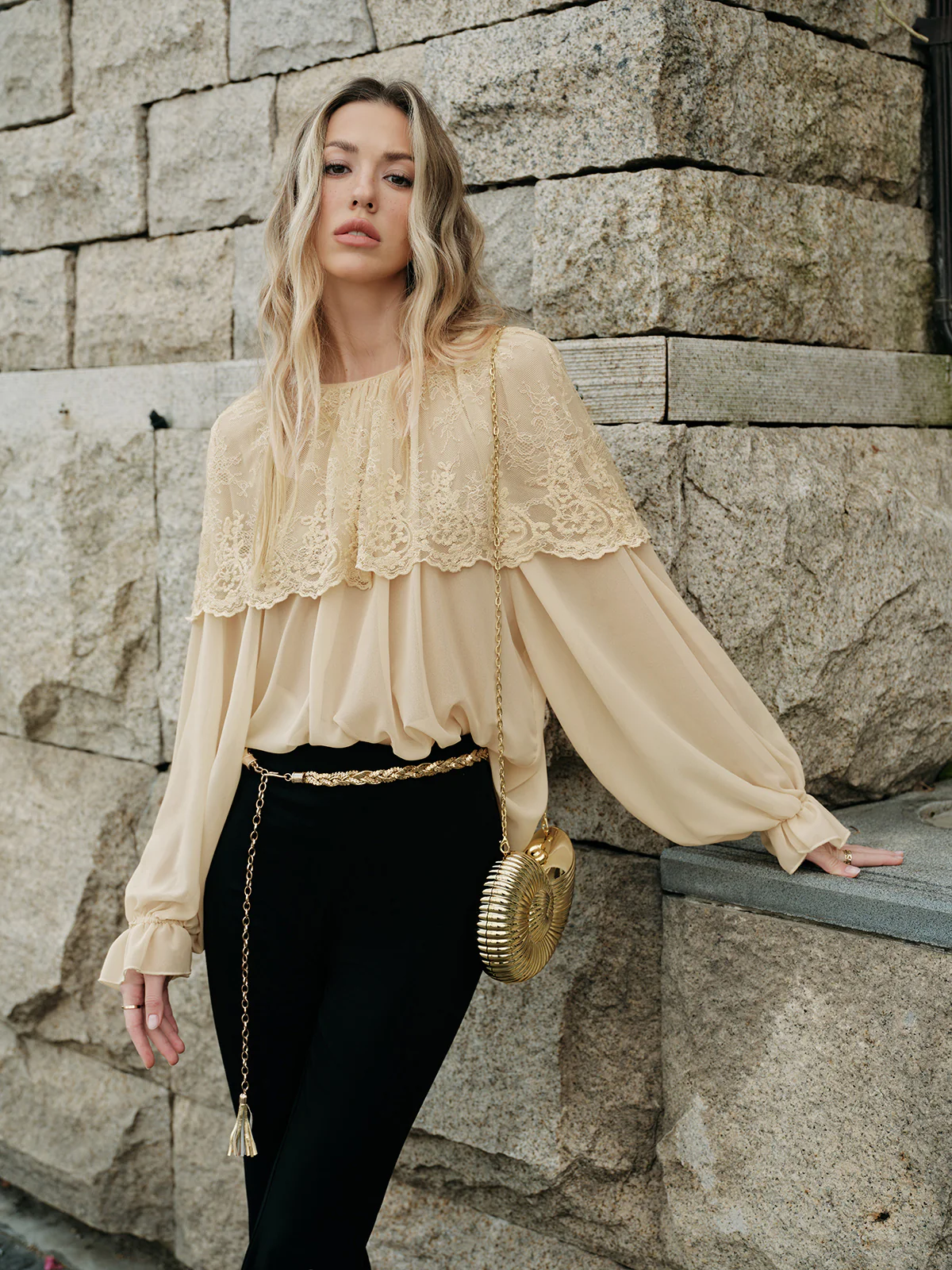 Semi-Sheer Lace Chiffon Blouse - Takermore