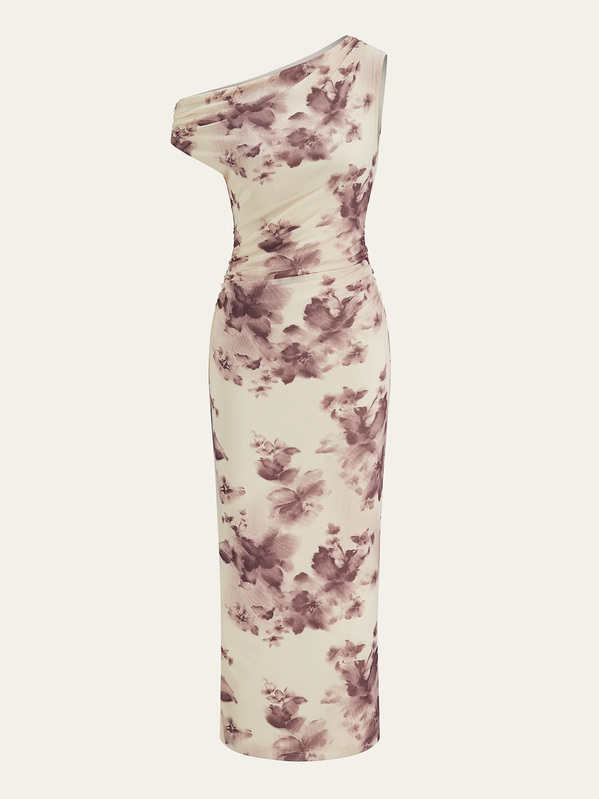 One-Shoulder Ruched Floral Print Midi Dress - Takermore