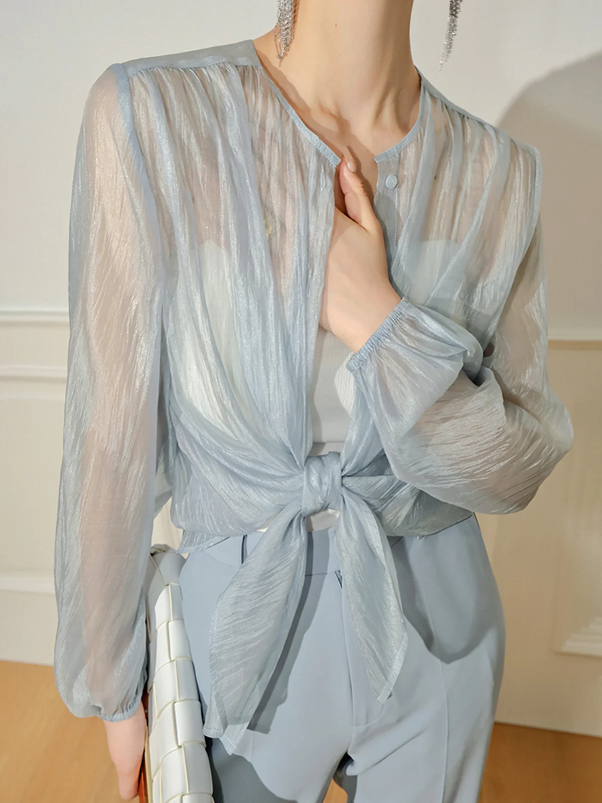 Semi-Sheer Through Long Sleeve Button Blouse - Takermore
