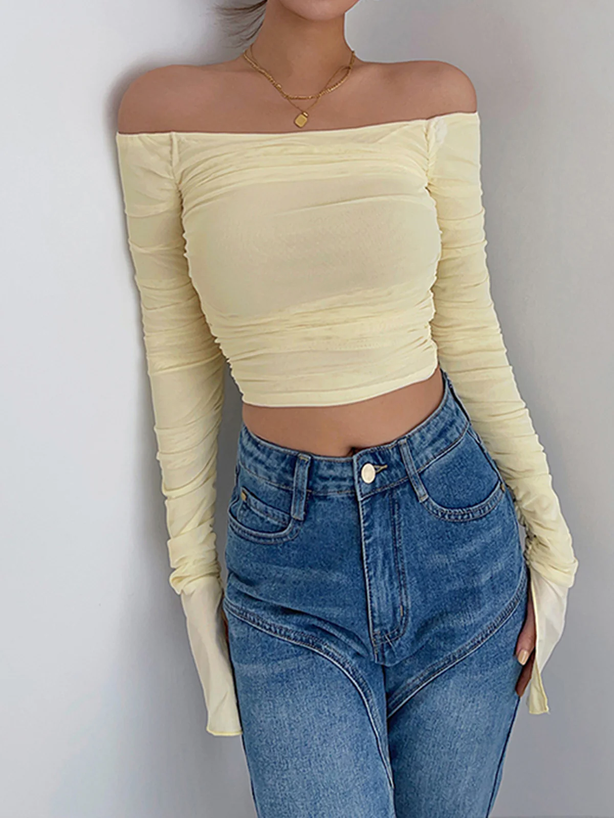 Semi-Sheer Off-Shoulder Mesh Crop Shirt - Takermore