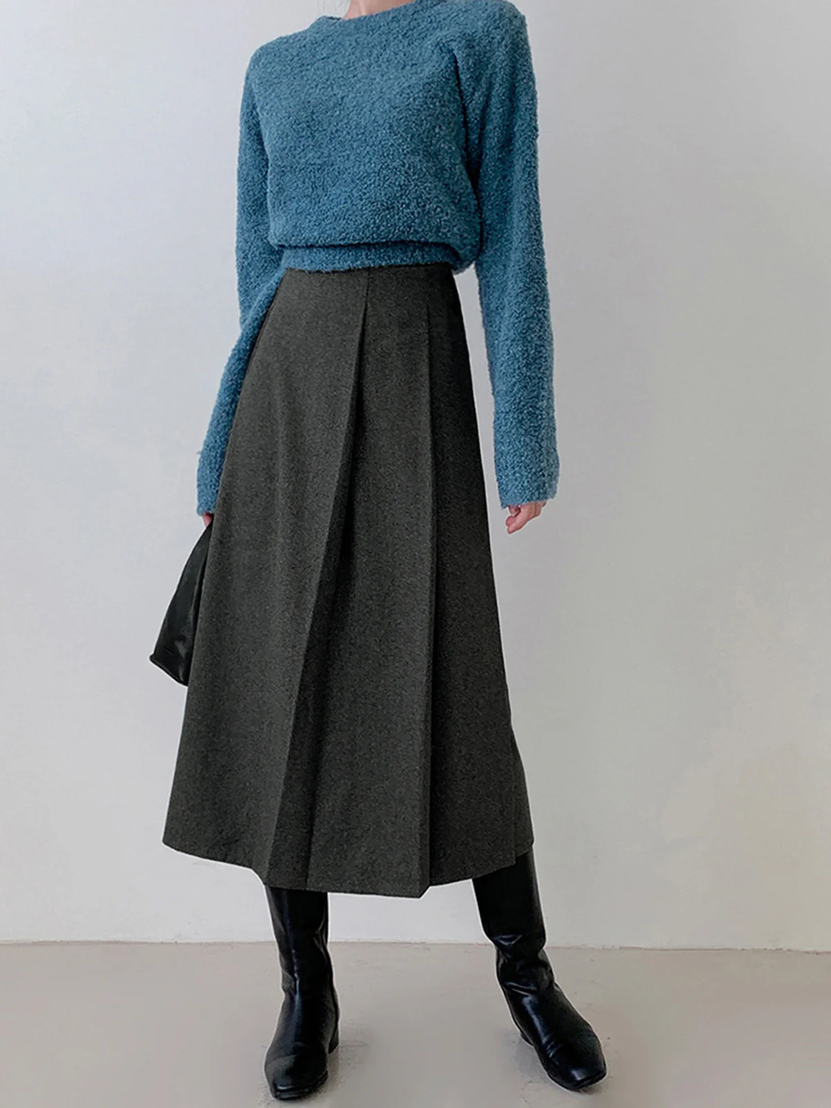 Tweed Pleated Button Midi Skirt - Takermore