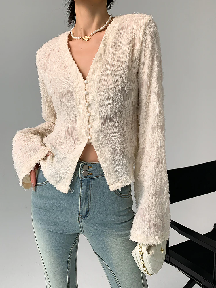 Semi-Sheer V-Neck Ruffle Long Sleeve Blouse - Takermore