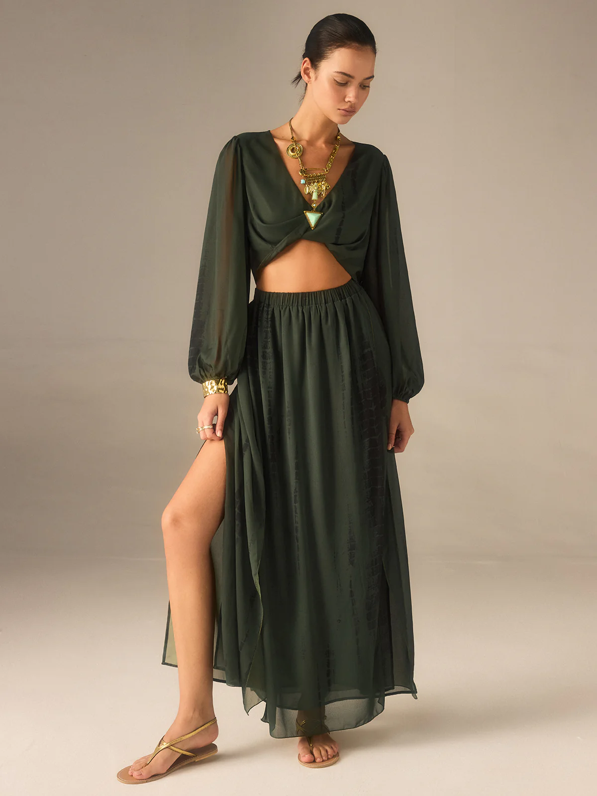 Chiffon Crop Top and Slit Maxi Skirt Set - Takermore