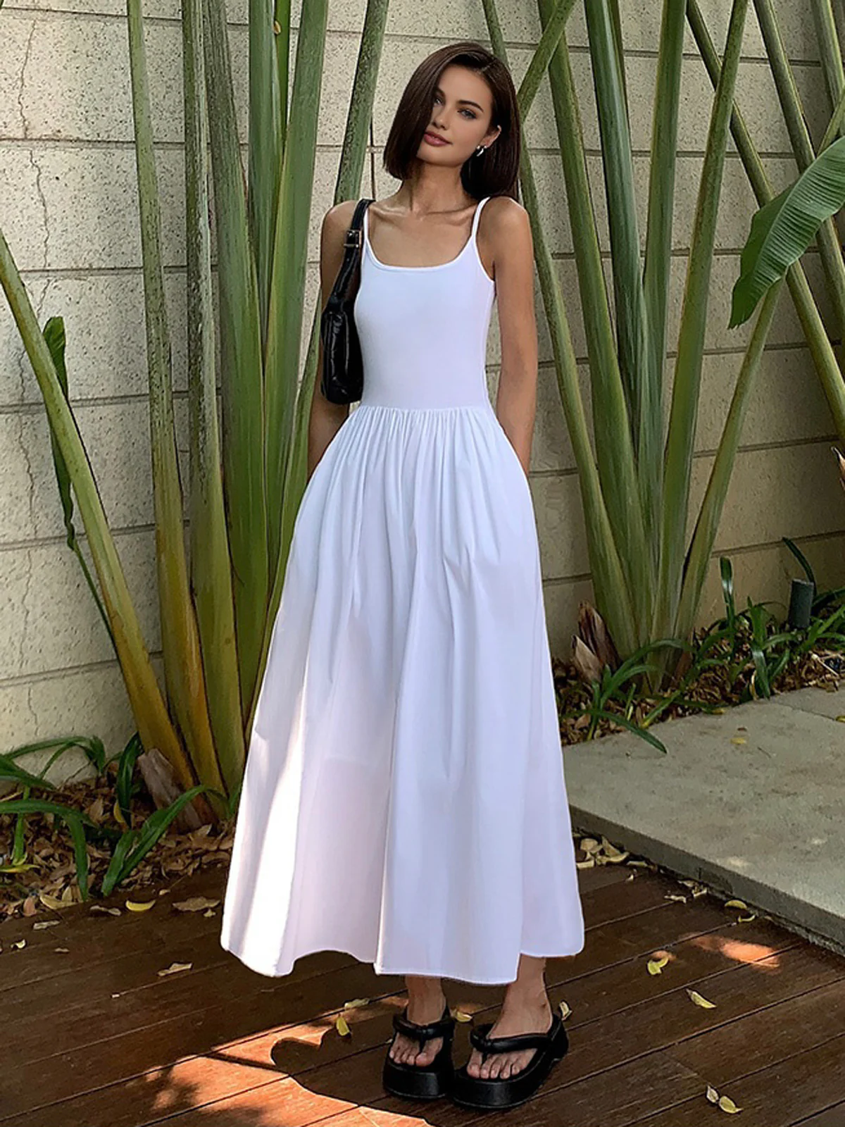 Patchwork Pockets Cotton Cami Midi Dress - Takermore