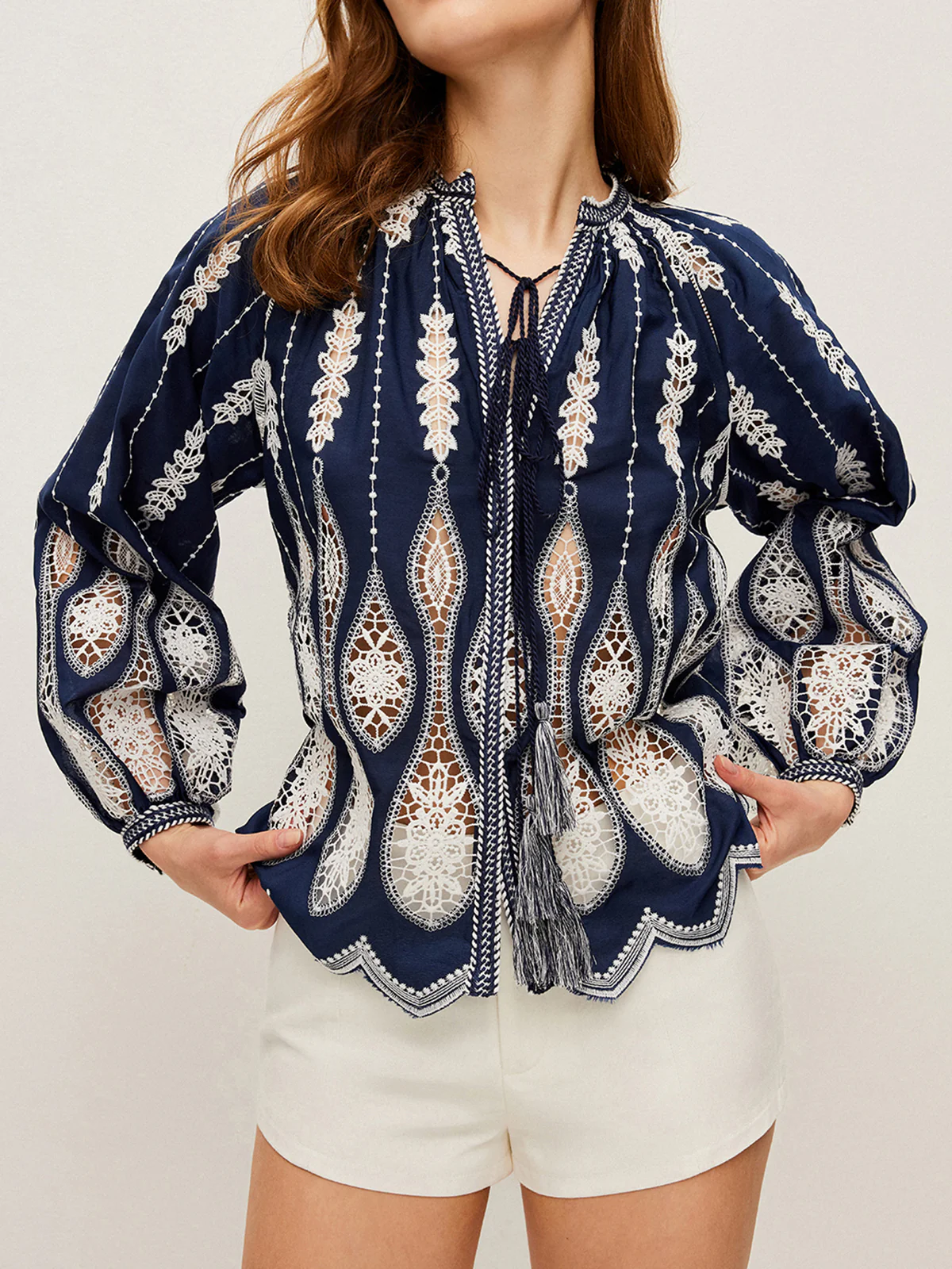 Semi-Sheer Embroidered Tie-Neck Blouse - Takermore