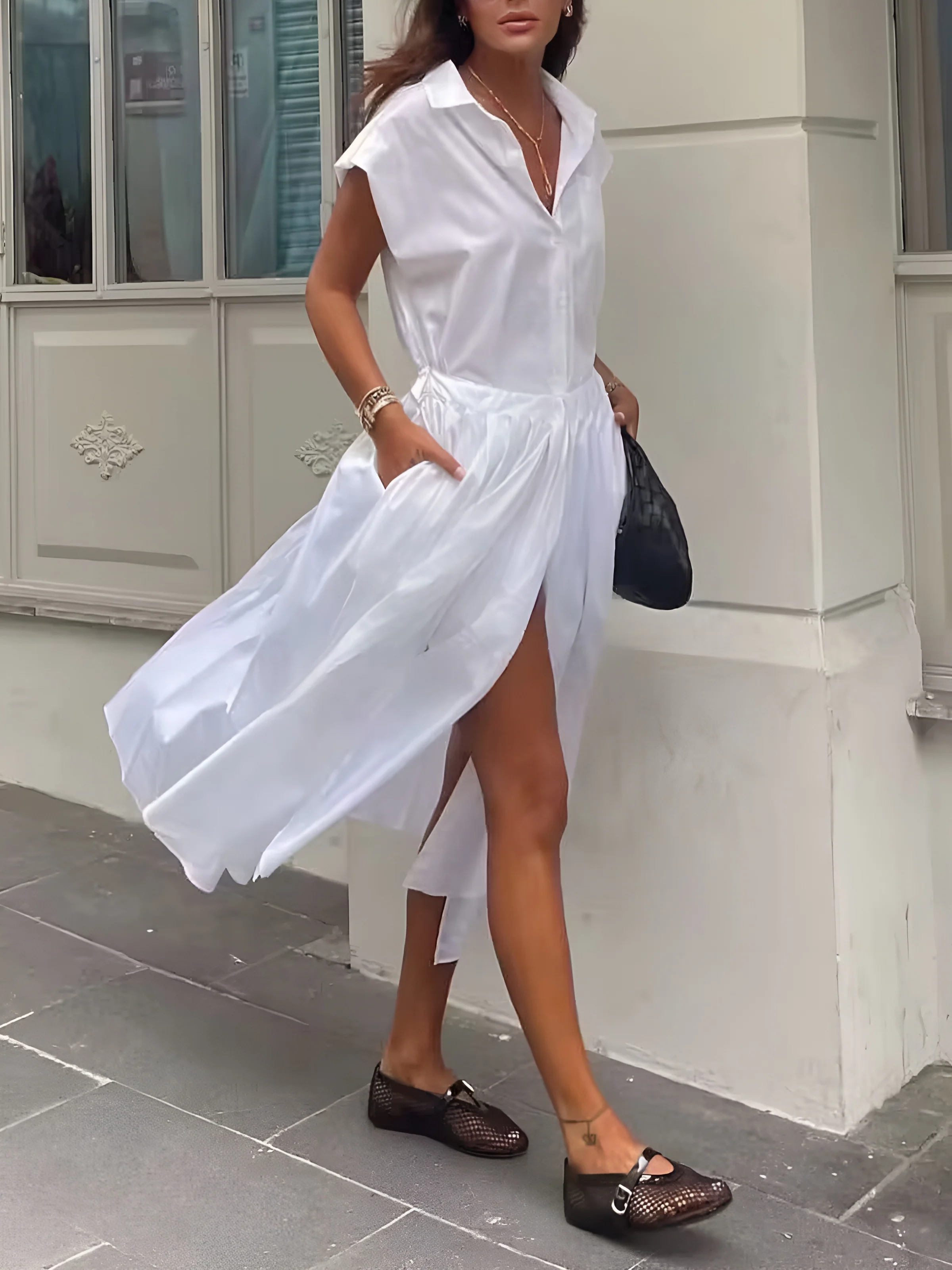 Cotton Blends Sleeveless Split Midi Dress - Takermore