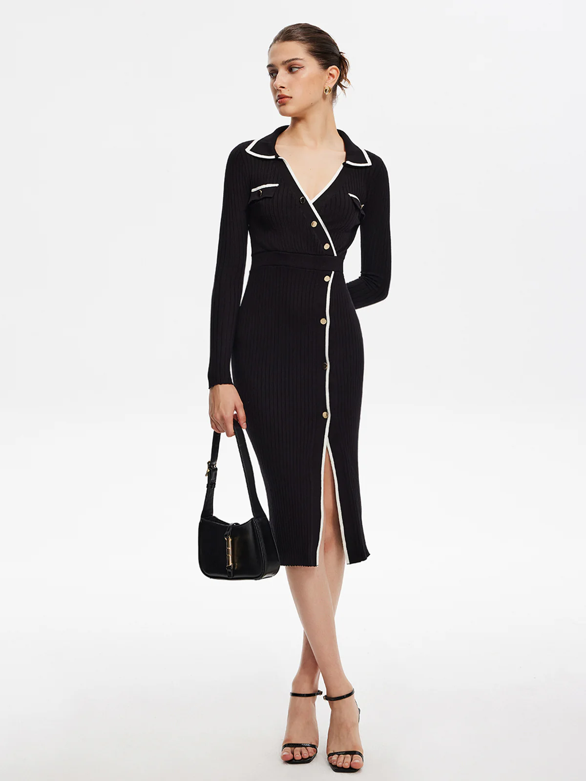 Contrast Trim Wrap Midi Knit Dress - Takermore