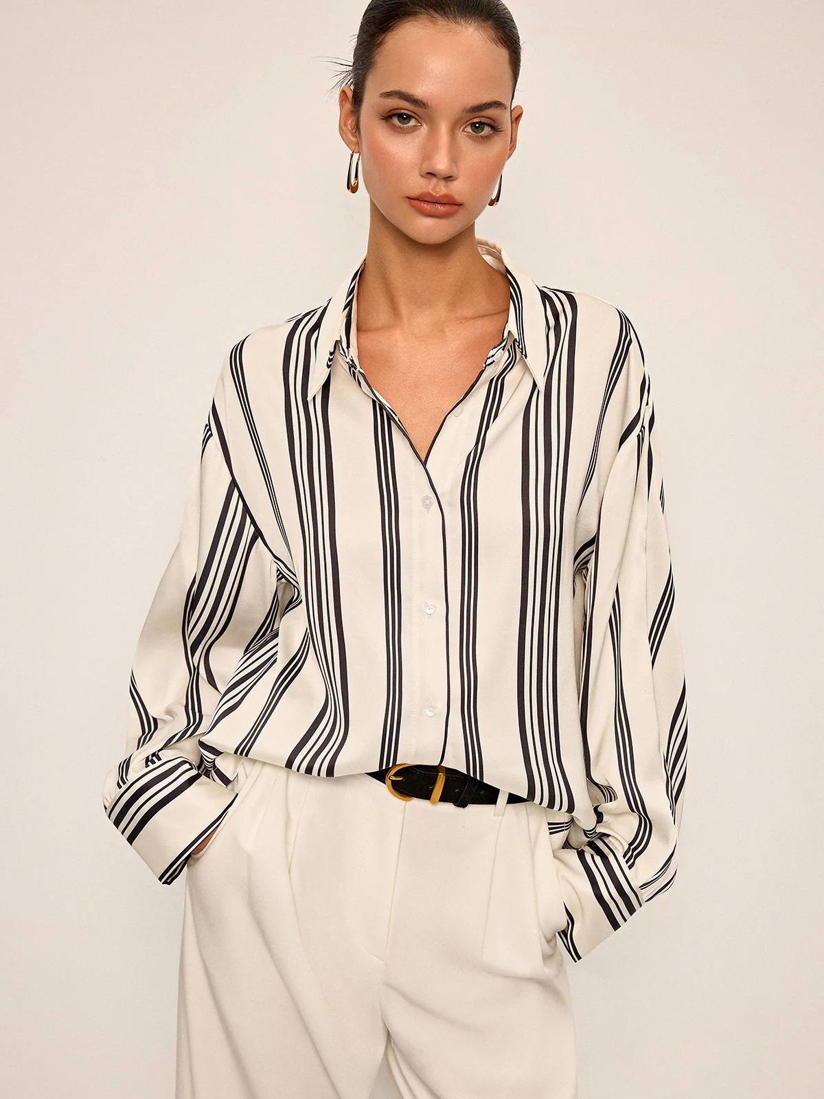 Oversized Satin Striped Shirt with Cut-Out Back Detail - Takermore