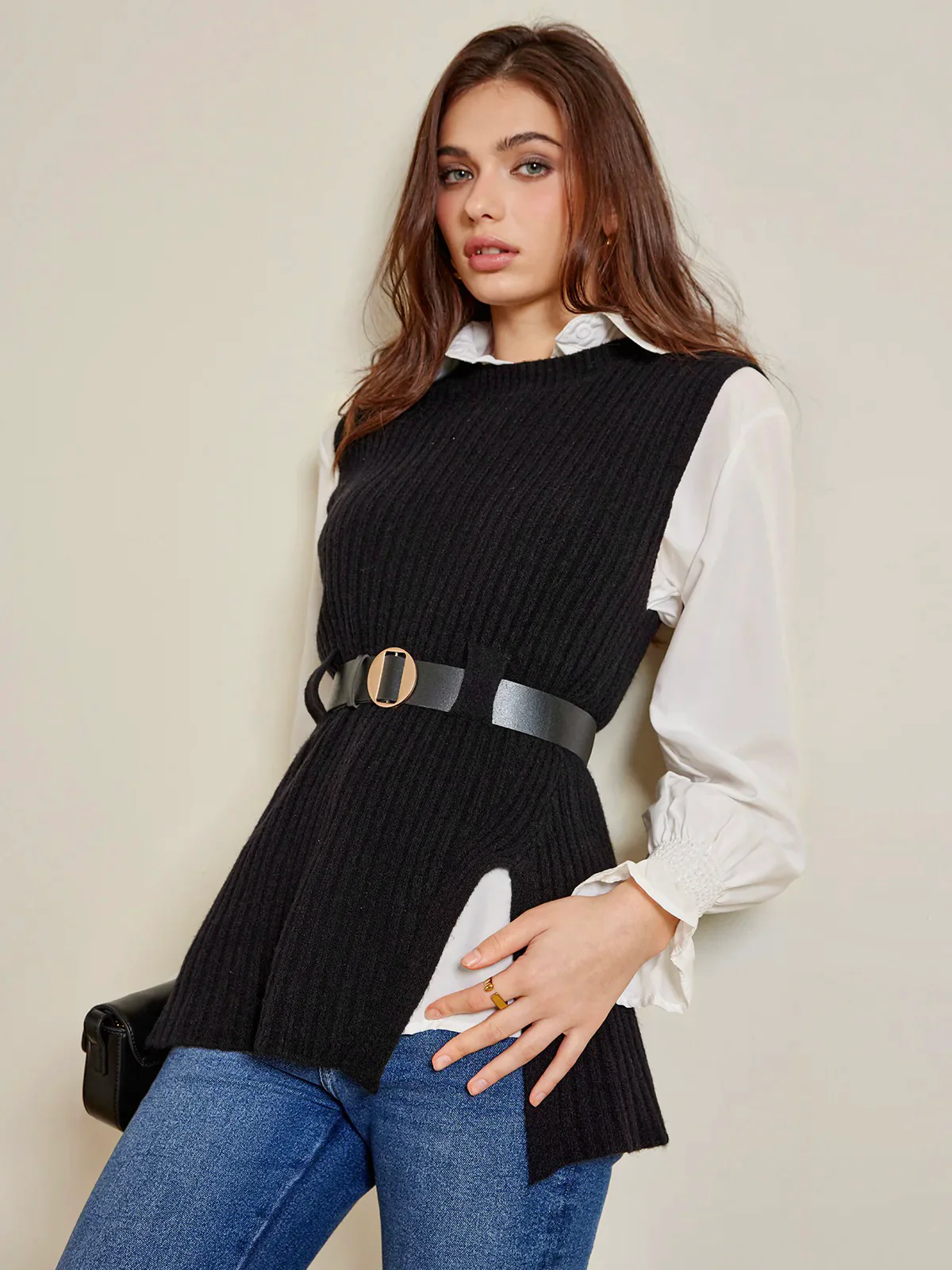 Two-Piece Belted Sweater With Polo Shirt - Takermore