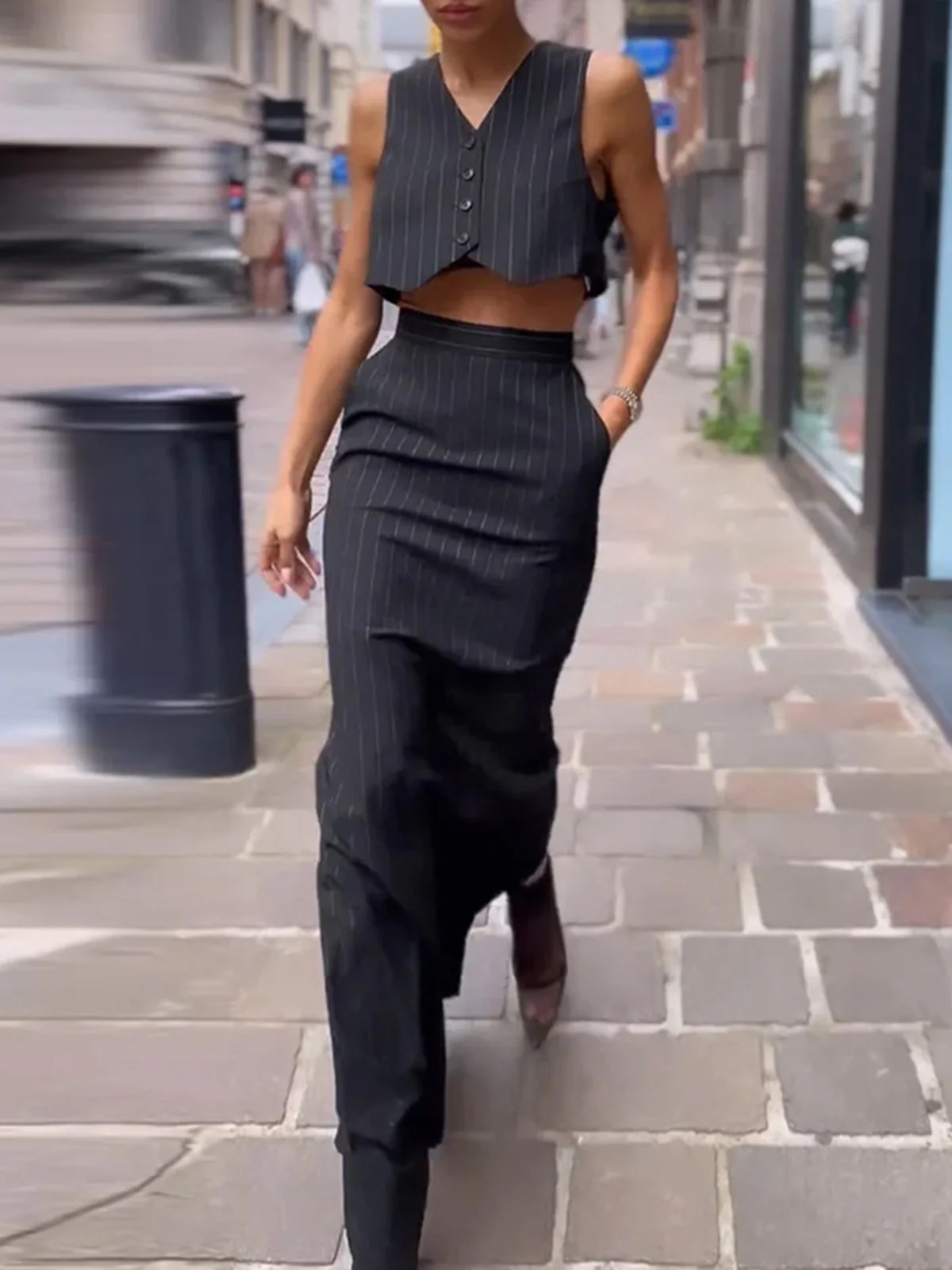 Pinstripe Button Crop Two Pieces Skirt Set - Takermore