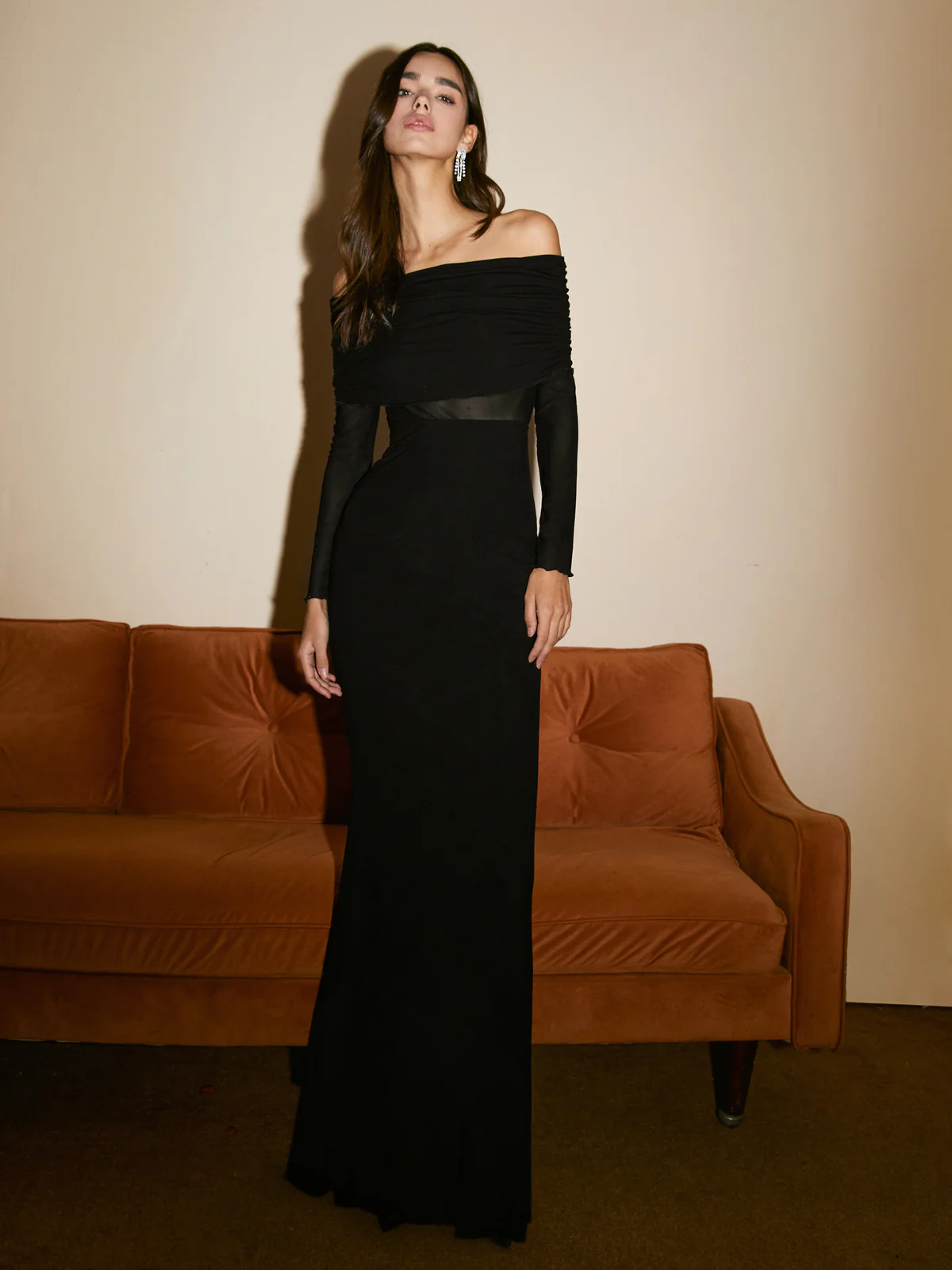 Semi-Sheer Off-Shoulder Mesh Long Sleeve Long Dress - Takermore