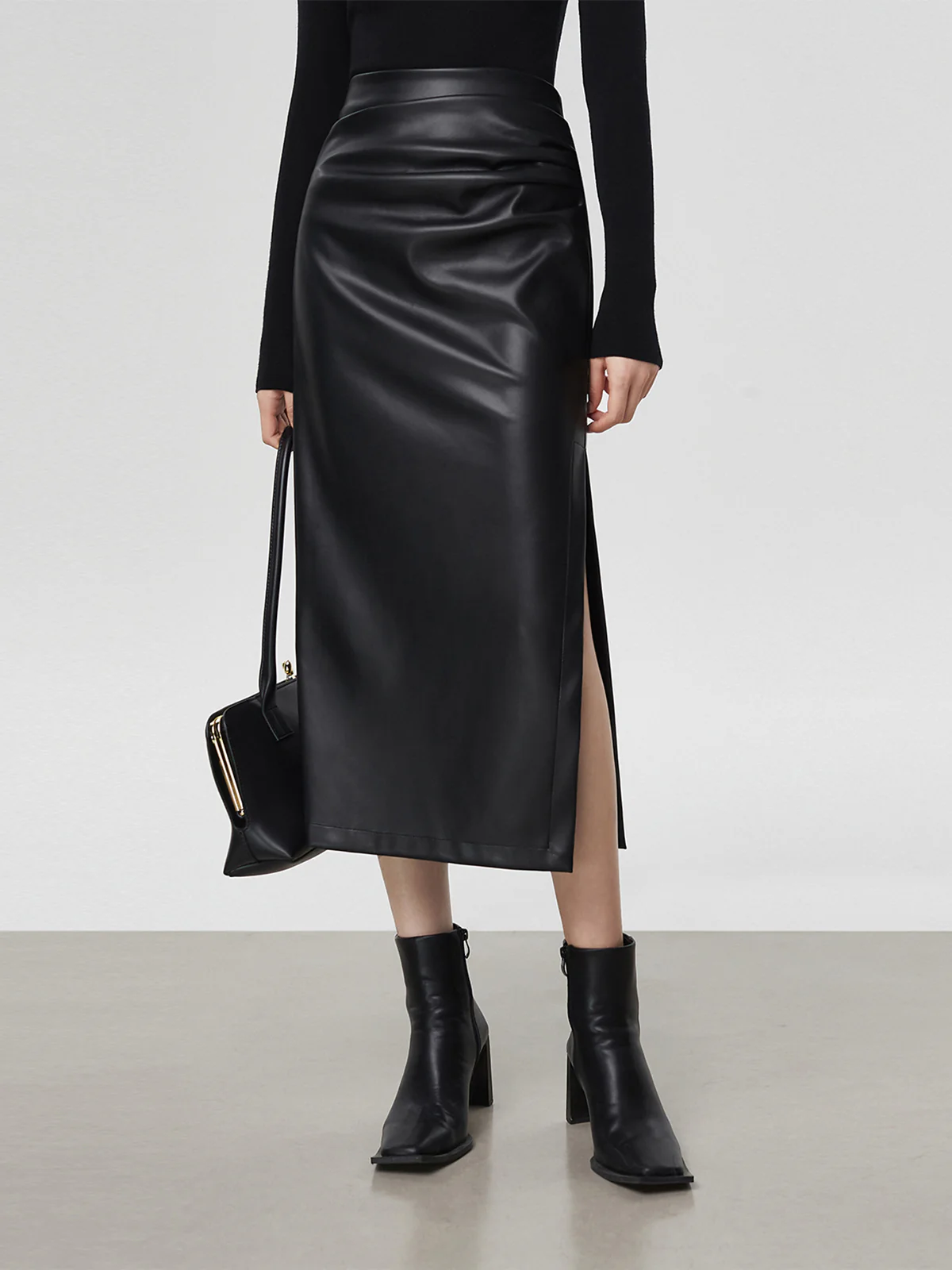 Faux Leather Ruched Slit Midi Skirt - Takermore