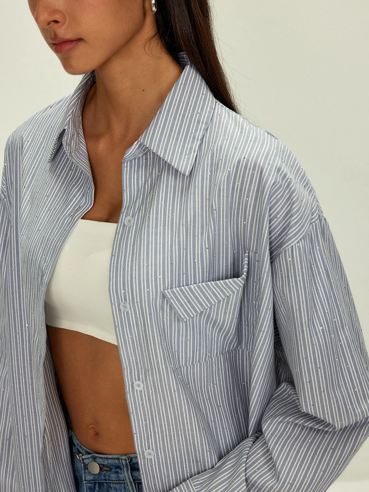 Rhinestone Dot Pinstripe Pocket Shirt - Takermore