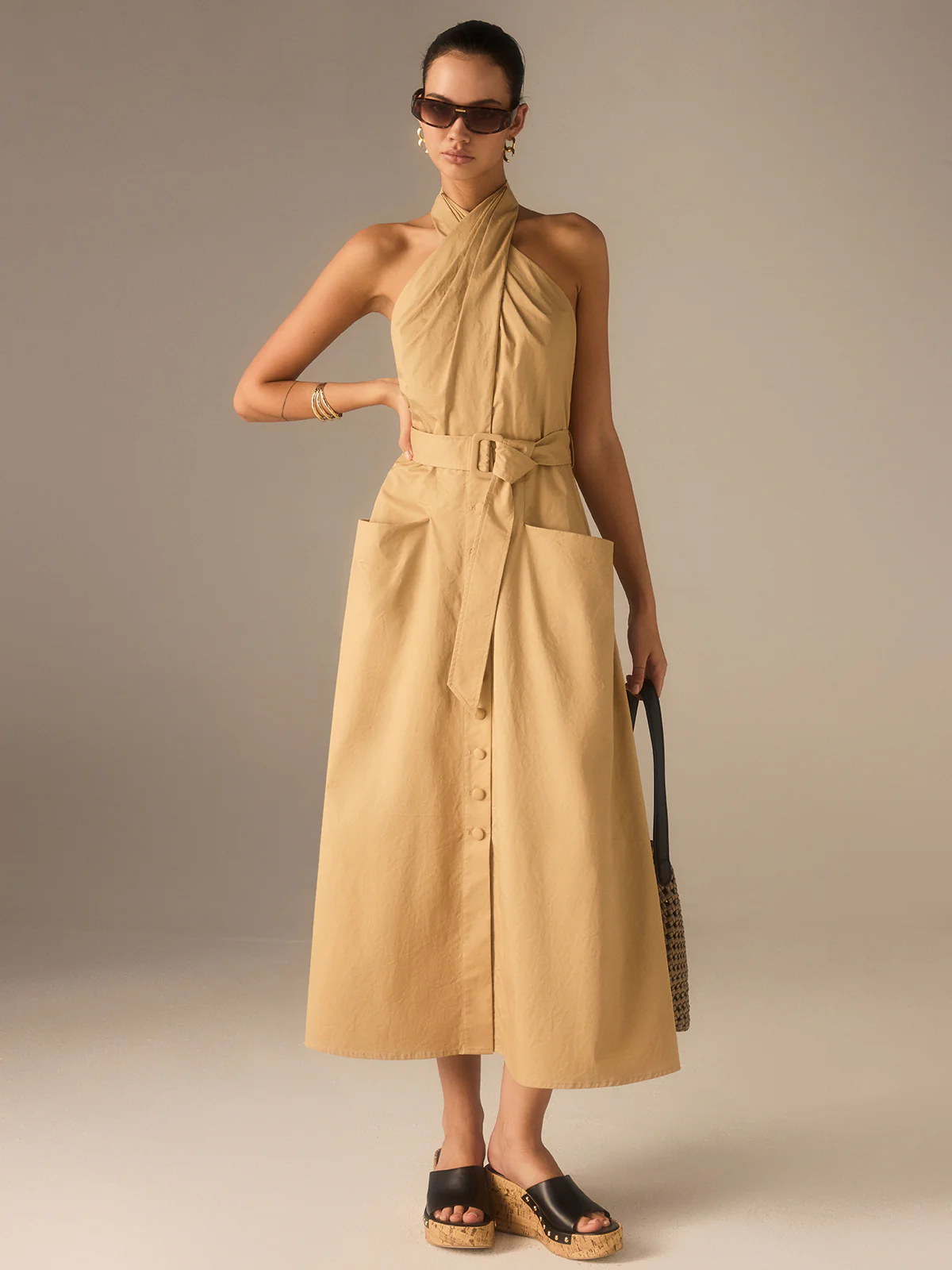 Cotton Pleated Halter Neck Belted Midi Dress - Takermore