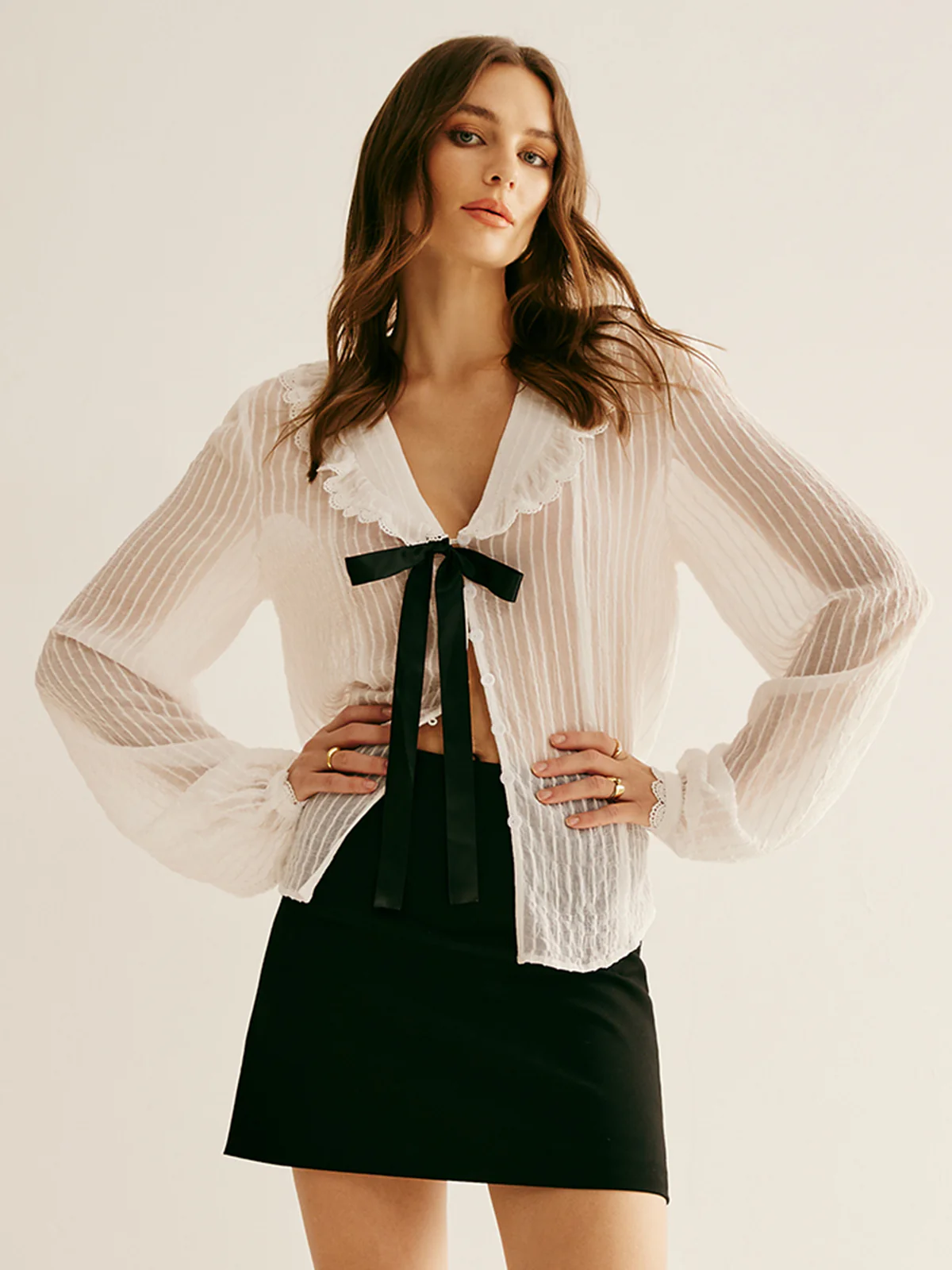 Ruffle Neck Pinstripe Semi-Sheer Shirt - Takermore