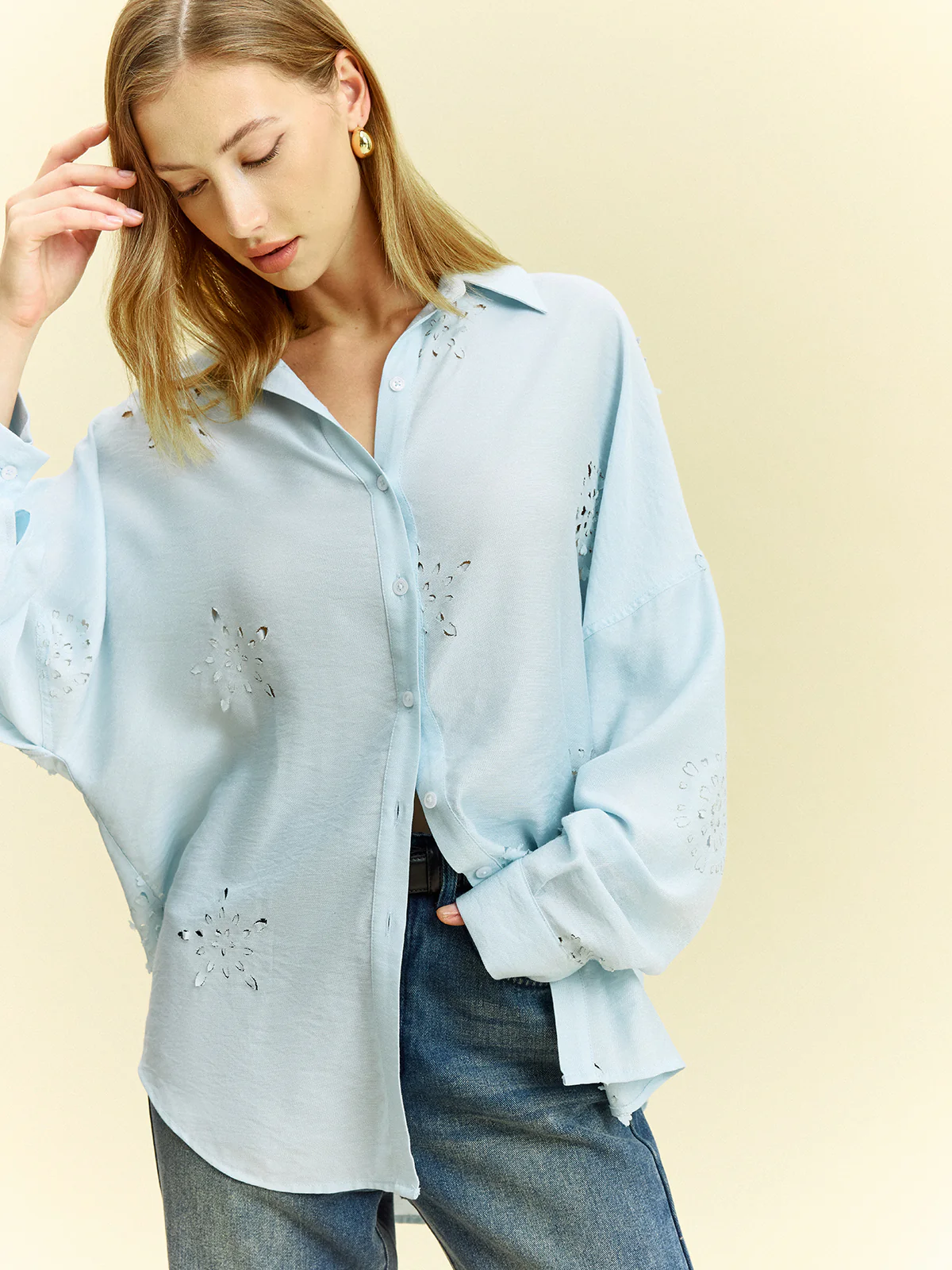Oversized Eyelet Detail Shirt - Takermore