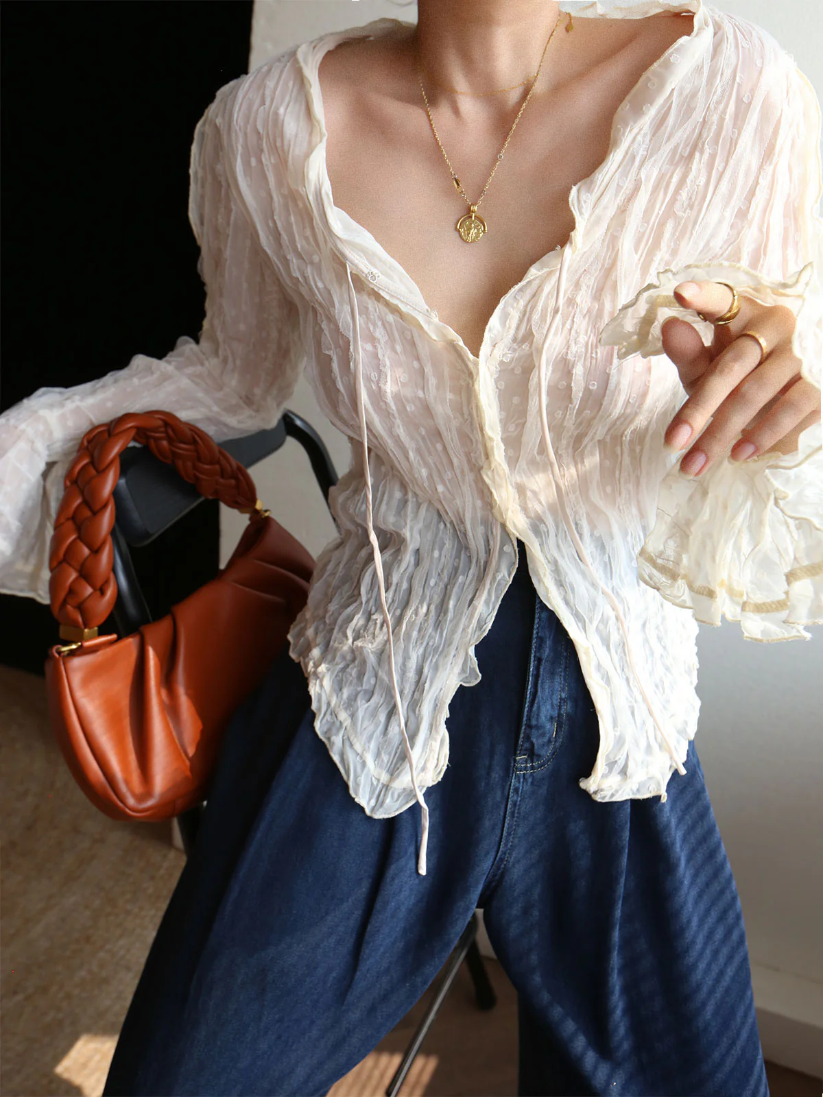 Chiffon Sheer Lettuce Trim Long Sleeve Blouse - Takermore