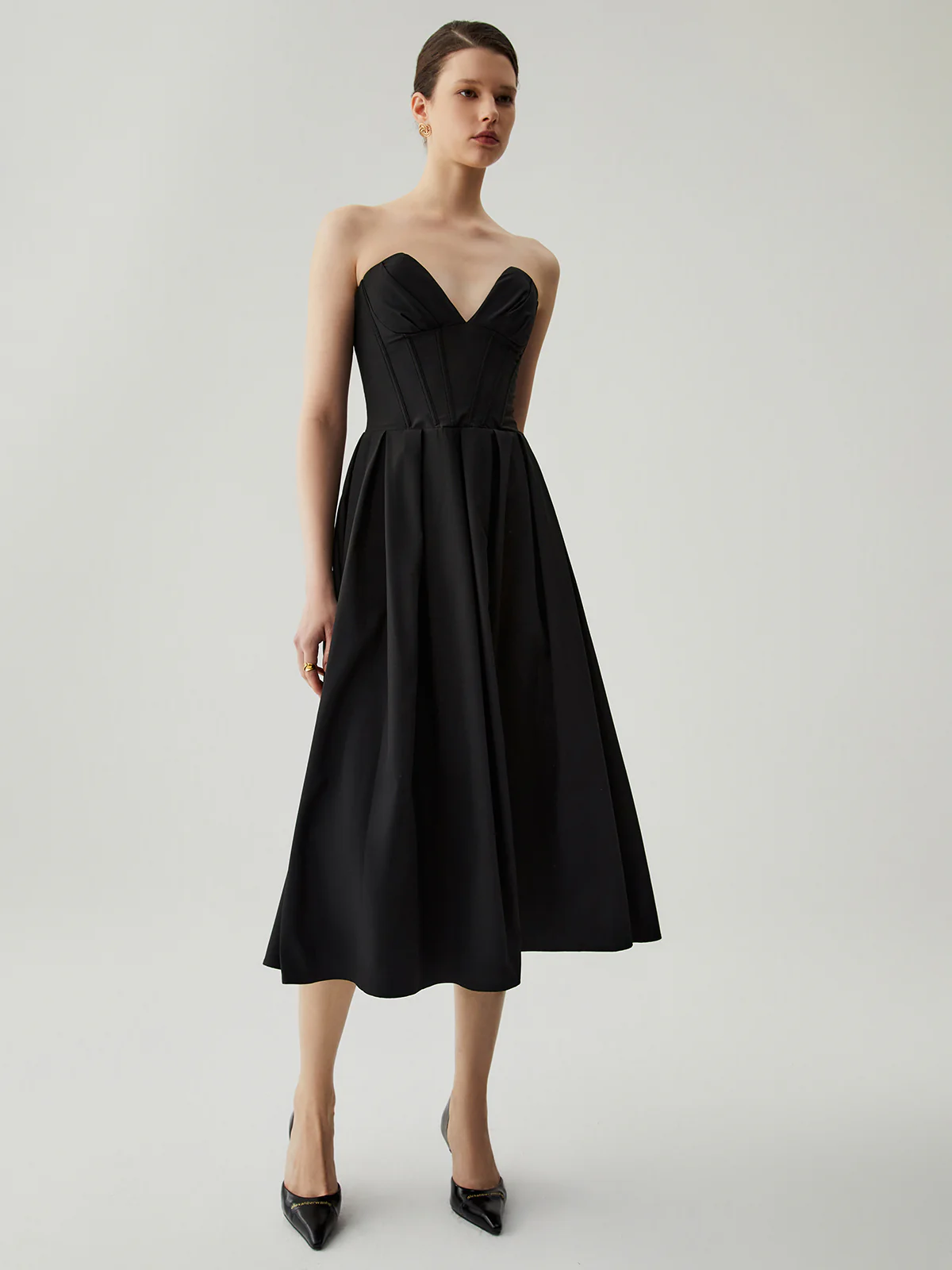 Double Pockets Pleated Zip Corset Tube Midi Dress - Takermore