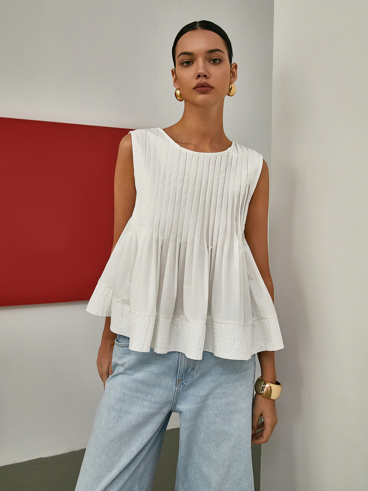 Pleated Peplum Sleeveless Blouse - Takermore