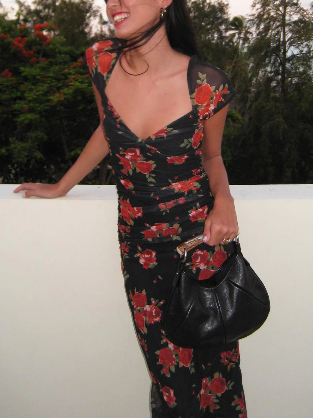 Semi-Sheer Floral Print Ruched Side Midi Dress - Takermore