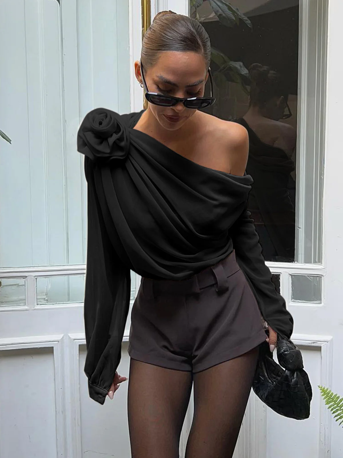 Chiffon Semi-sheer One Shoulder Asymmetrical Blouse - Takermore