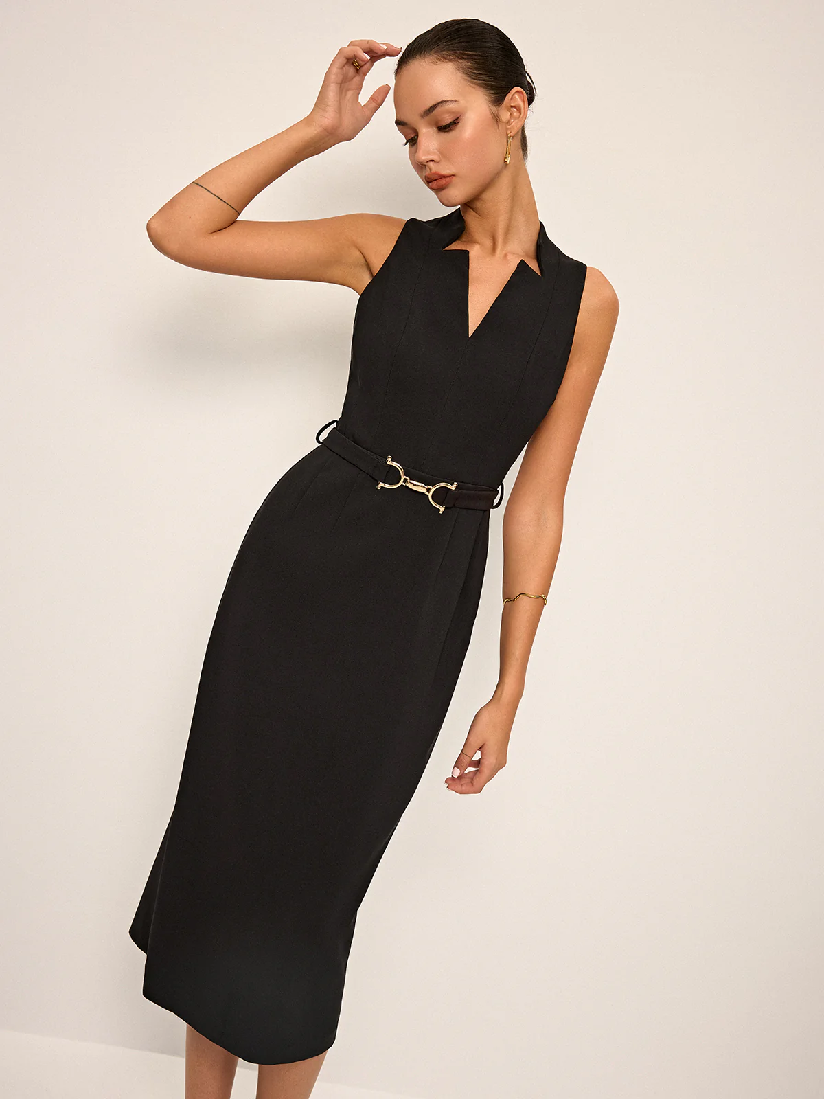 Sleeveless V-Neck Belted Midi Dress - Takermore