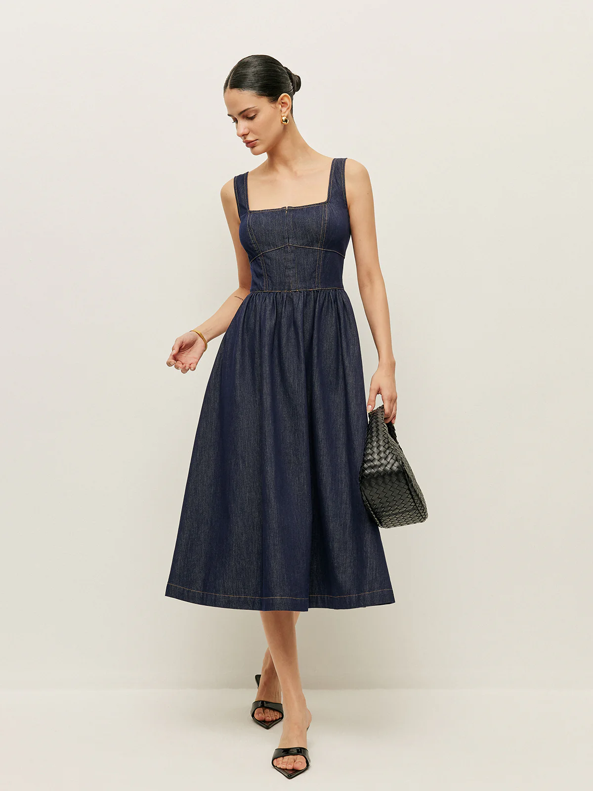 Square Neck Button-Front Denim Dress - Takermore