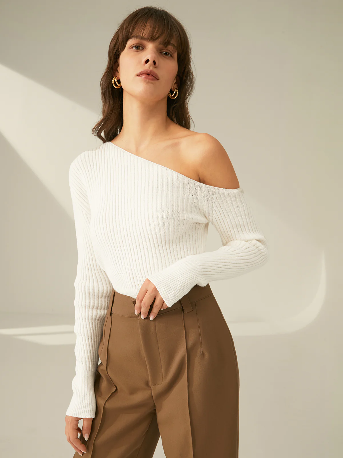 One Shoulder Long Sleeve Ribbed Pullover Sweater - Takermore