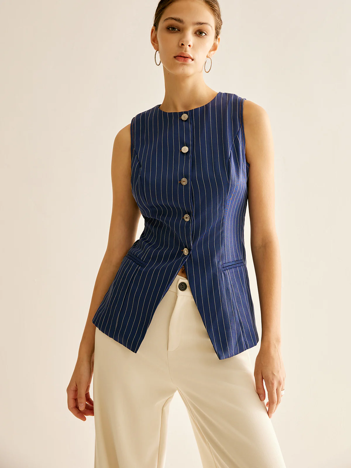 Pinstripe Button Sleeveless Shirt - Takermore