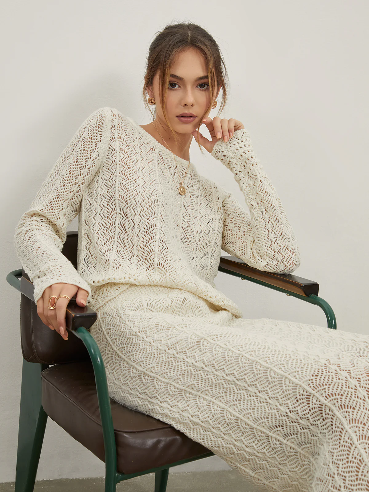 Eyelet Cable Knit Two Piece Skirt Set - Takermore